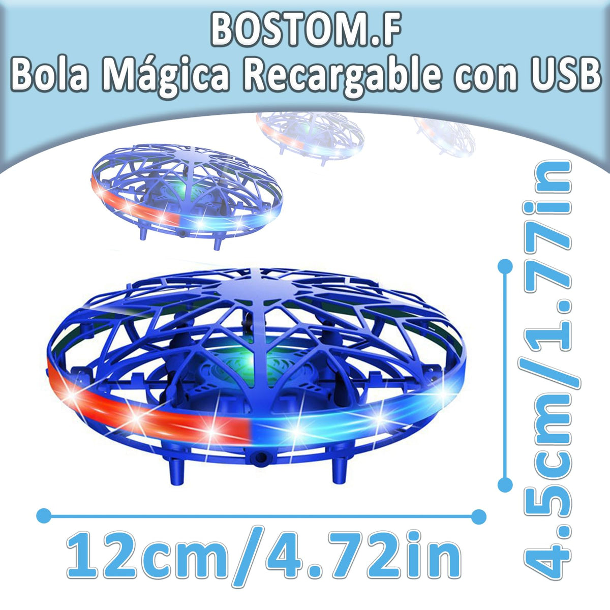 Spinner Volador, Spinner Volador con Luz LED, Juguete de bola voladora giratoria, Pelota Voladora Juguete para Niños, Bola Mágica Recargable con USB, BOSTOM.F Regalo para Día del Niño, Cumpleaños,Azul