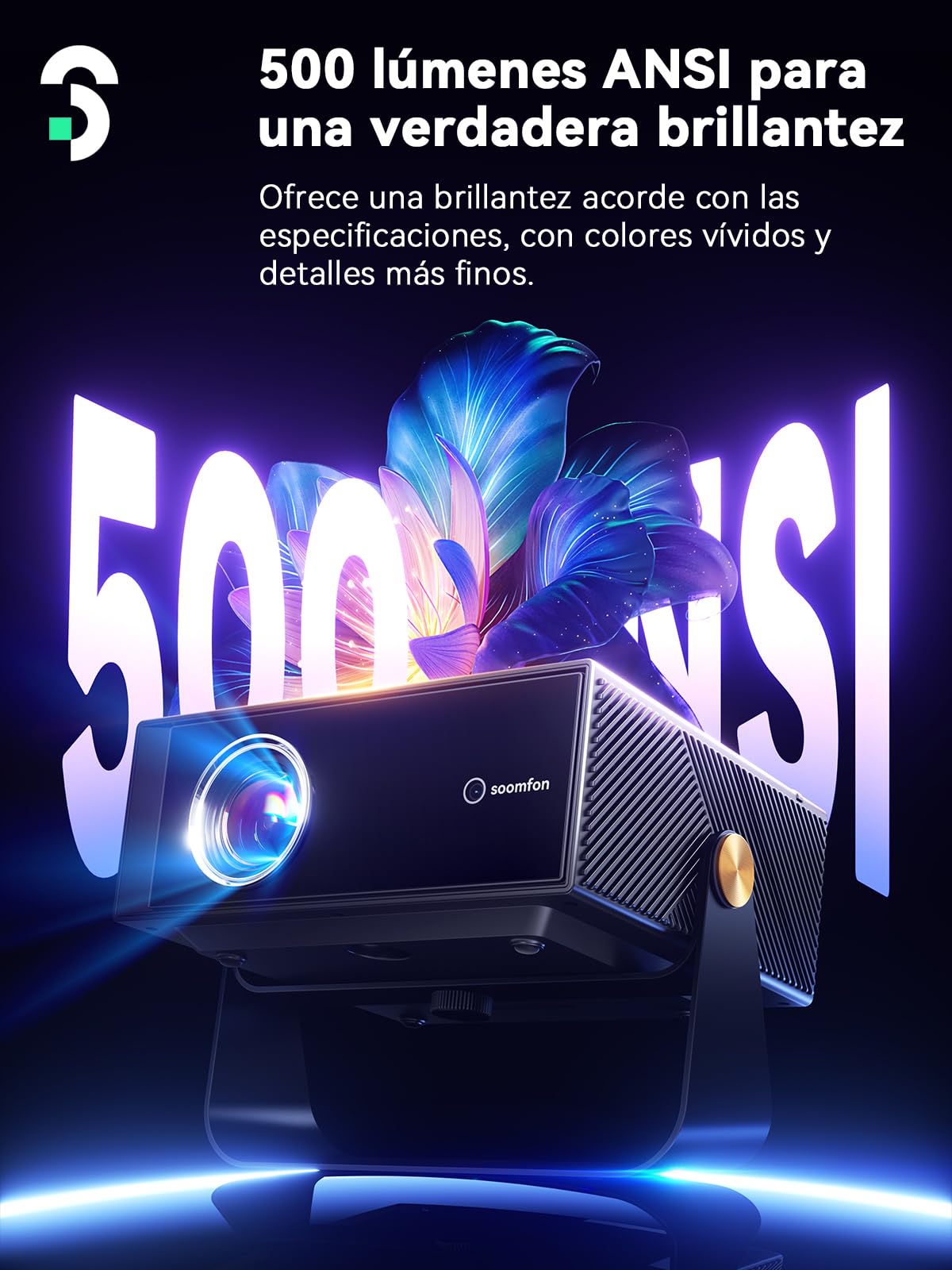 SOOMFON SK3 Android Proyector 4K Soporte Netflix Oficial WiFi y Bluetooth, 1080P Nativo 500 ANSI, Enfoque Automático y Corrección Keystone, Portátil para Cine en Casa y Exterior hasta 200"