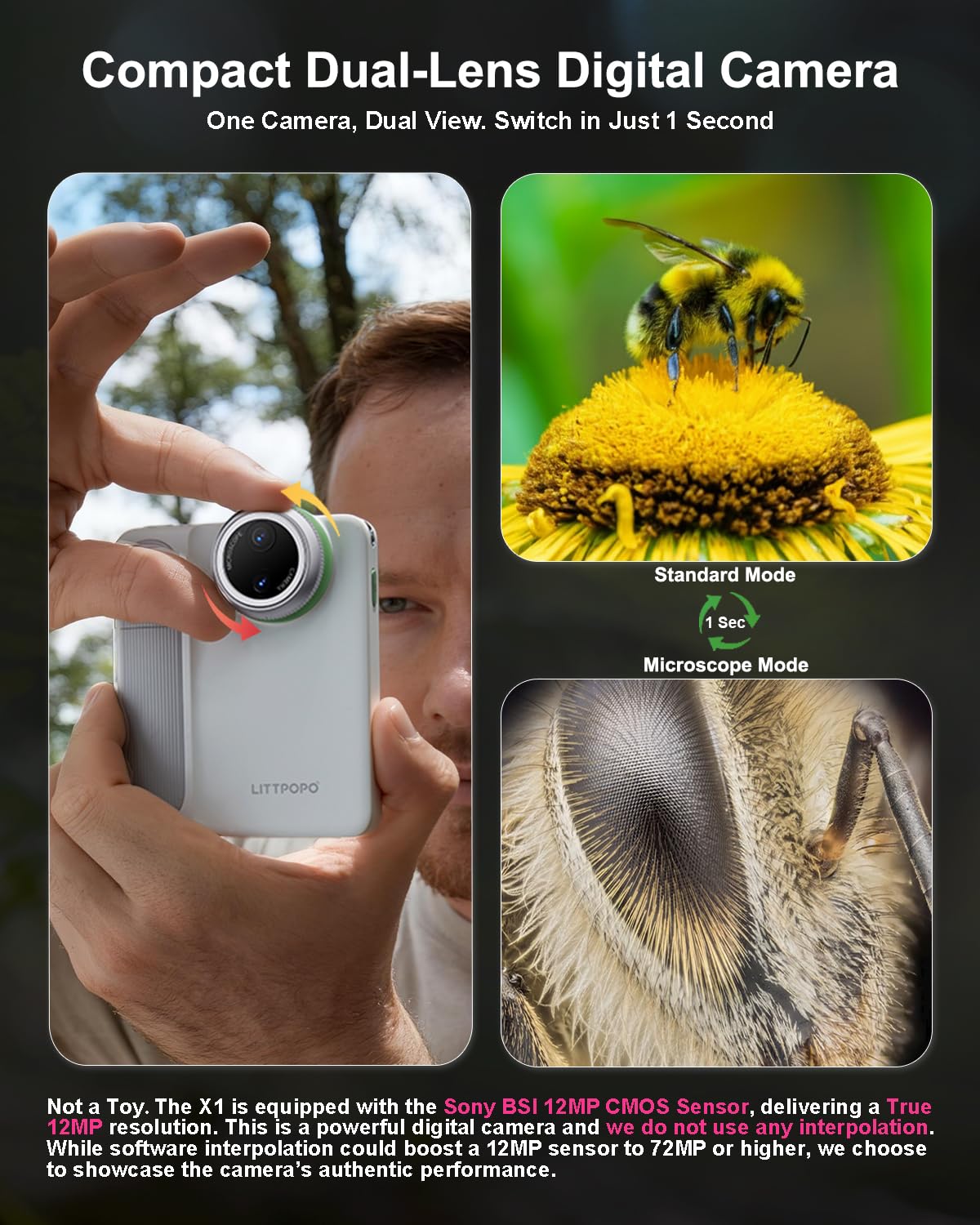 MicroCam-X1 Cámara digital 4K, sensor BSI CMOS de 12 MP, microscopio 400X, video 4K, enfoque automático, LCD de 3.5 pulgadas, cámara compacta para niños para aprendizaje STEM | apuntar y disparar