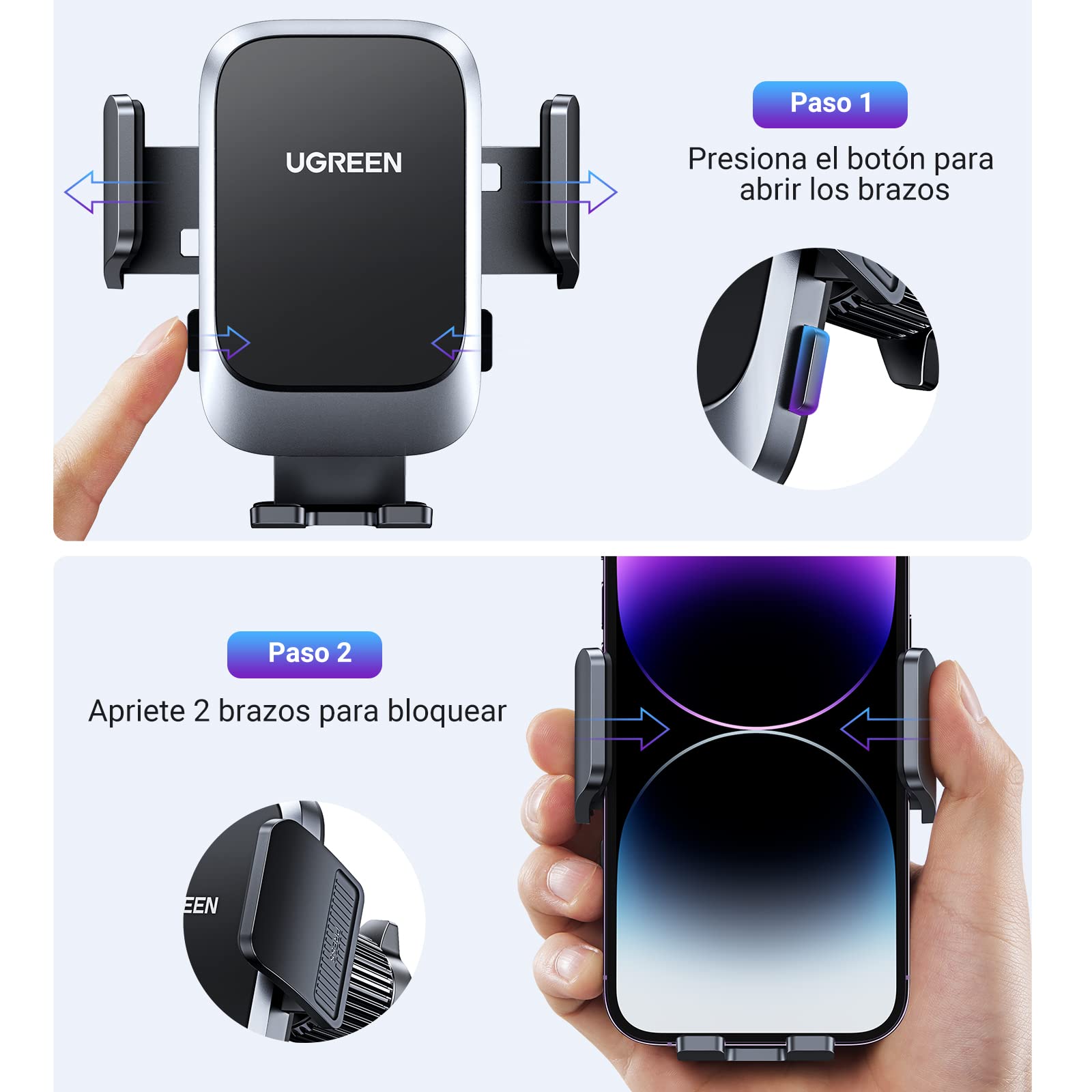 UGREEN Soporte Celular Automóvil, Base Porta Móvil Auto Giratorio 360° con Gancho Metálico y Botón de Liberación, Uso con Una Sola Mano para iPhone 16 15 14 13 Pro MAX, Galaxy S24 S23 S22 Ultra