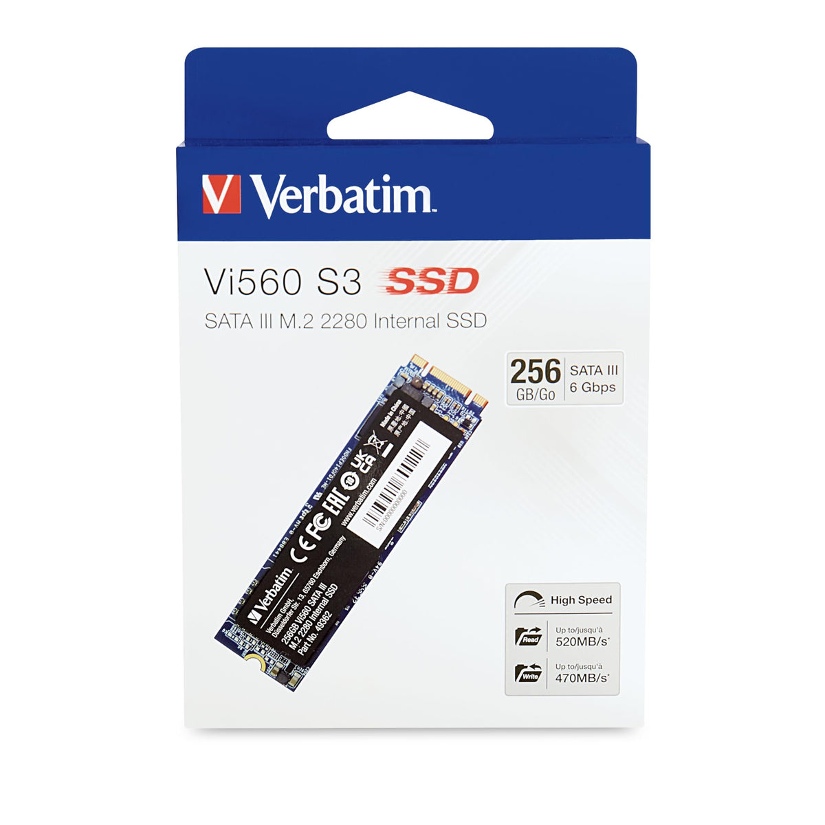 Verbatim Vi560 S3 - Unidad SSD Interna de 256 GB de Almacenamiento de Datos, Unidad de Estado sólido con SATA III M.2 2280 y tecnología NAND 3D, Color Negro, Ideal para portátiles y ultrabook