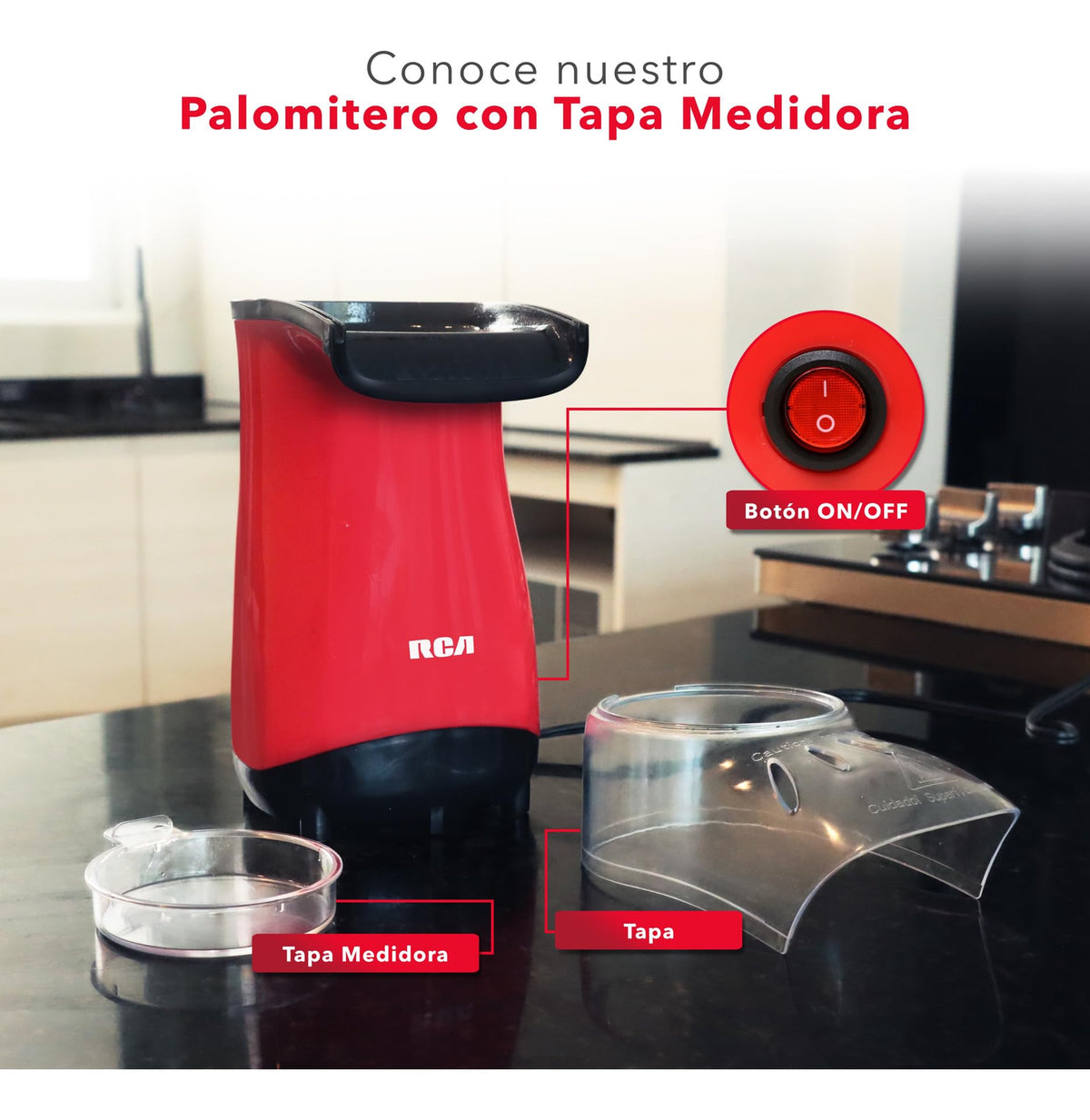 RCA Palomitero RC-1025, Tapa Medidora Incluida Estilo Compacto y Eléctrico, Funciona con Aire Caliente, Capacidad de 70 gr, Luz Indicadora, Ideal para Fiestas y Cine en Casa, Color Rojo y Negro
