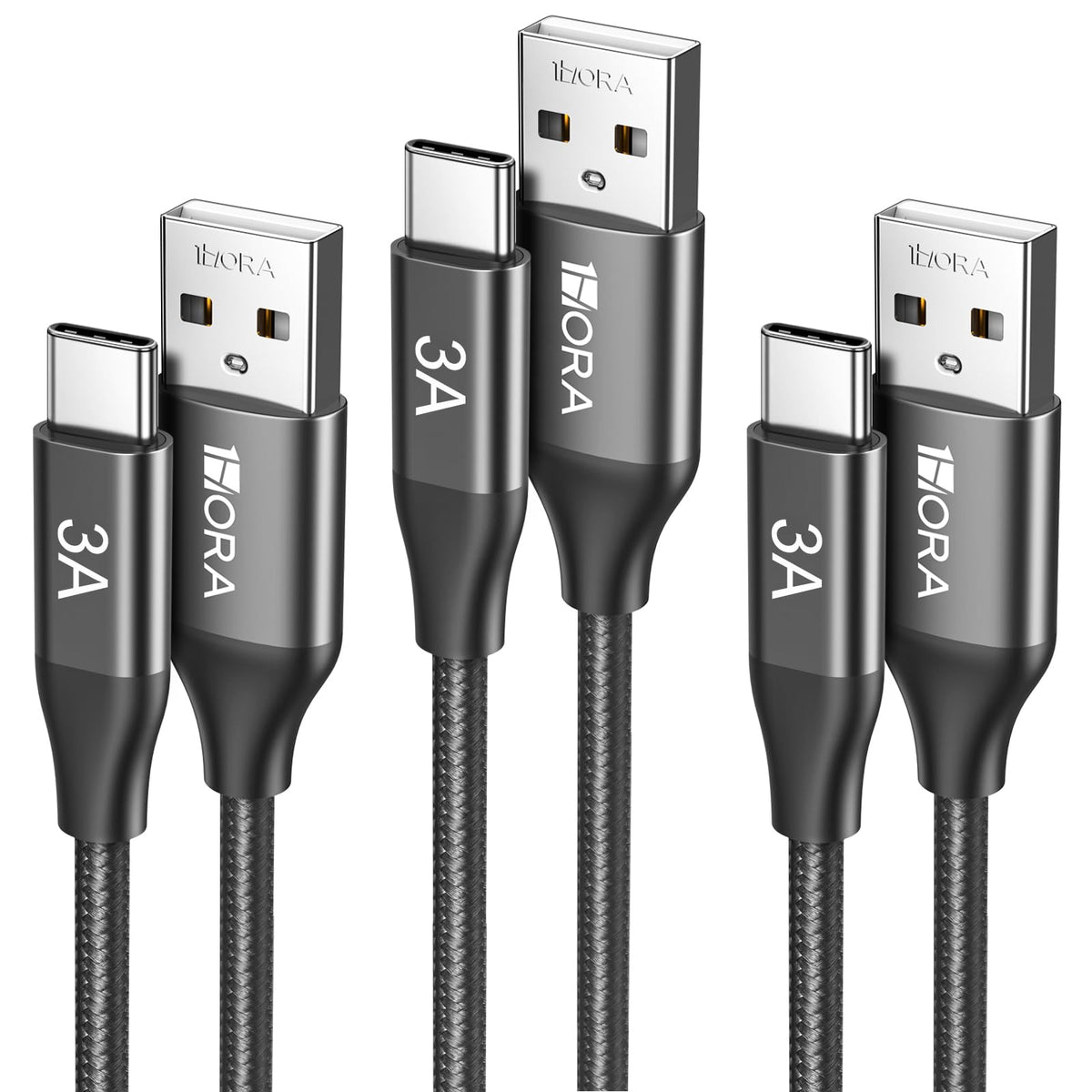 1 Hora 3 Paquete Cable USB C a USB A Carga Rápida 60W, Cable Tipo C 3A, Durable Nylon Tejido, Compatible con iPhone 15 Pro/15 Pro Max, Samsung Galaxy S23/S22/S21, OPPO Find X6 Pro, Motorola