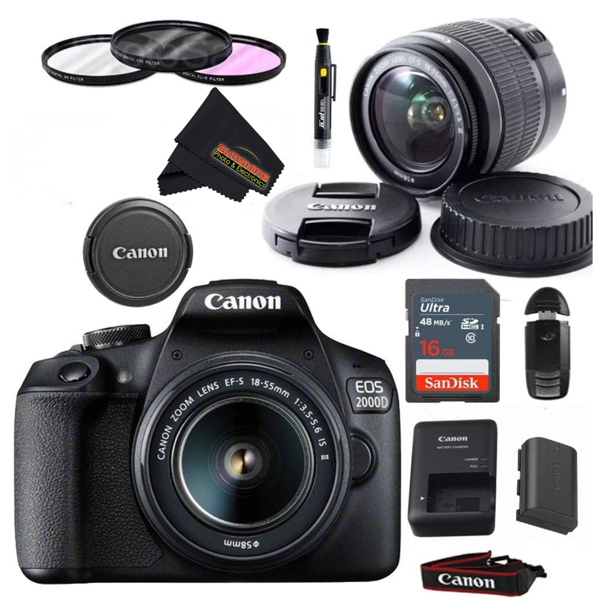 Canon EOS 2000D (Rebel T7) Cámara réflex digital con kit de lentes de 18-55 mm (negro) – Paquete de accesorios básicos de Scandisk 16 GB tarjeta SD + lector de tarjetas SD + kit de filtro de 58 mm +