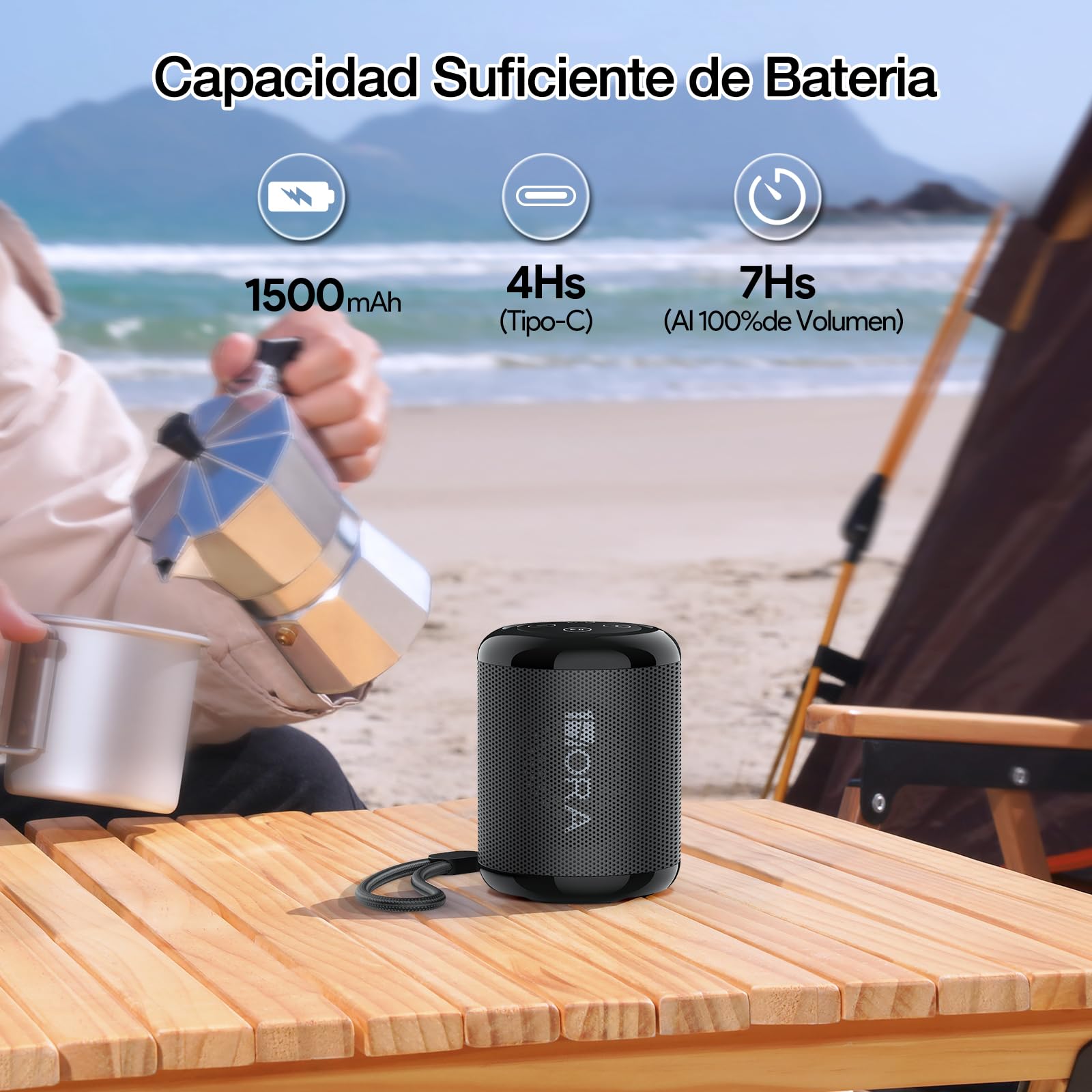 1 Hora Bocina Bluetooth Portatil 5W, Mini Altavoz Inalámbrico con Manos Libres/Micro USB/Radio FM/TF, Compatible con Phone, Tablet, Computadores, Ideal para Viajar, Campear, Negro
