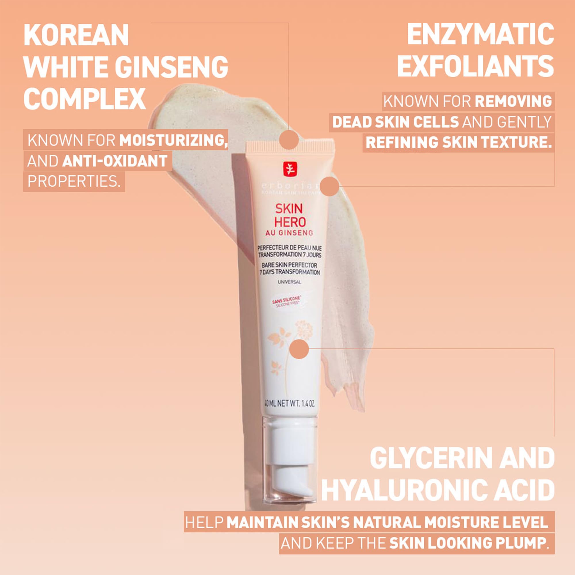 Erborian Skin Hero con ginseng blanco, cuidado facial sin teñir para perfeccionar la piel desnuda de 7 días con ácido hialurónico, cuidado facial cosmético coreano, 15 ml