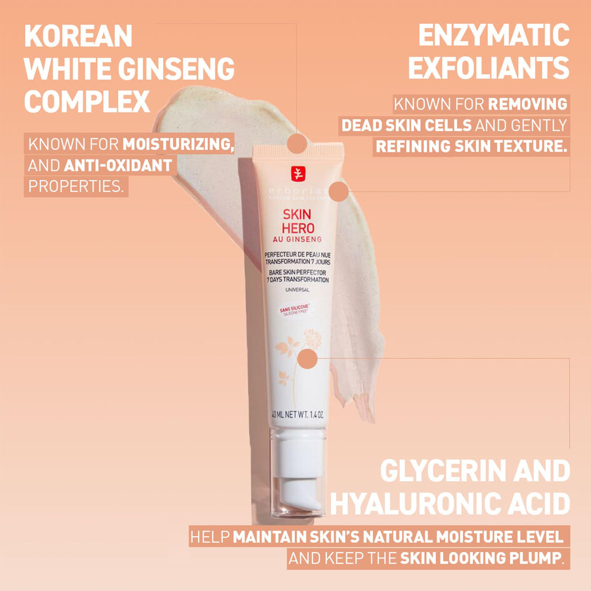 Erborian Skin Hero con ginseng blanco, cuidado facial sin teñir para perfeccionar la piel desnuda de 7 días con ácido hialurónico, cuidado facial cosmético coreano, 15 ml