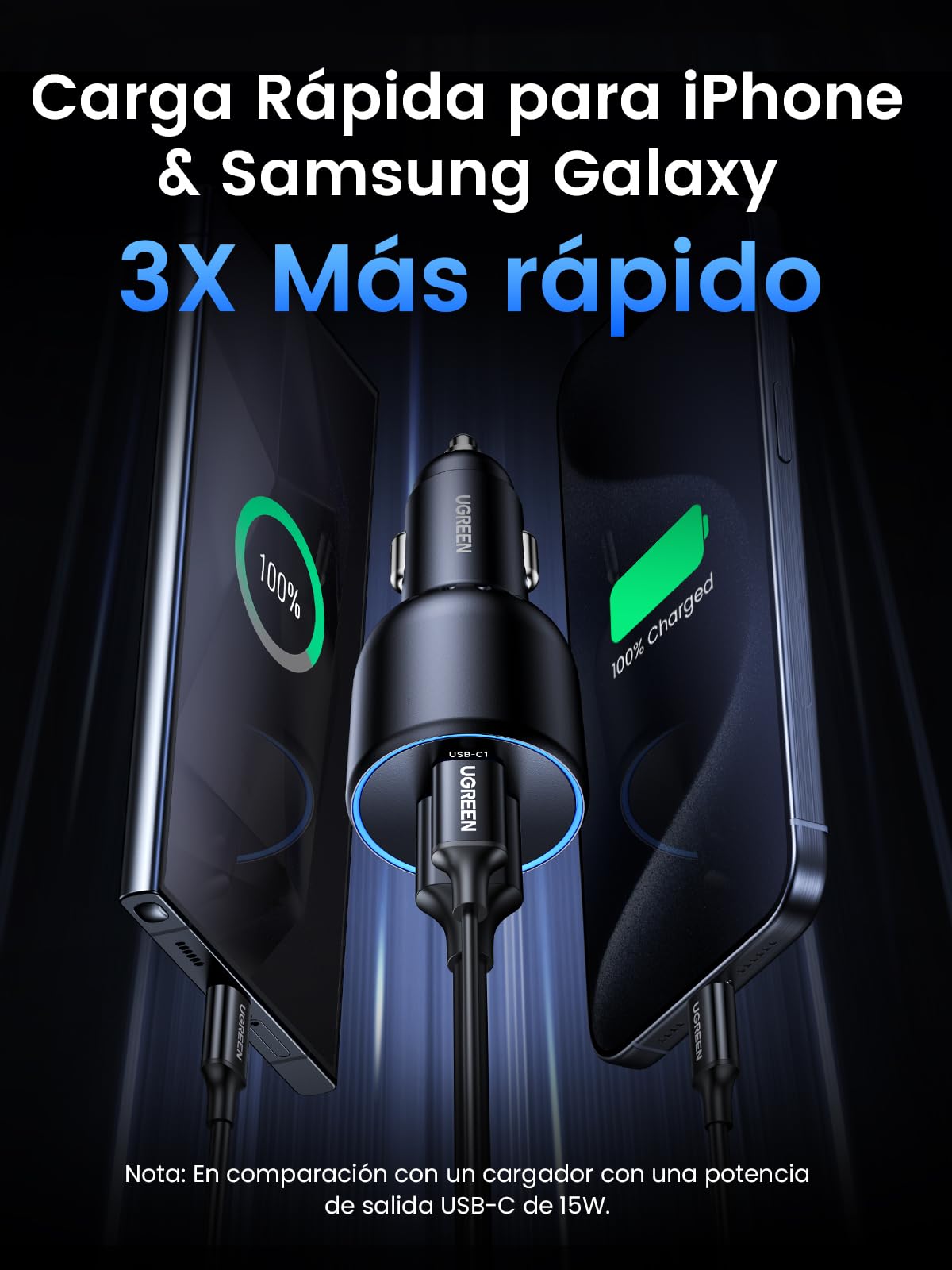 UGREEN 130W Cargador de Coche USB C con 1M 100W Cable USB C, Adaptador de Auto Tipo C Carga Rápida PD 3.0 Compatible con iPhone 16 15 14 13 12, Galaxy S25 S24 Ultra, Xiaomi, MacBook Pro Air, iPad Mini