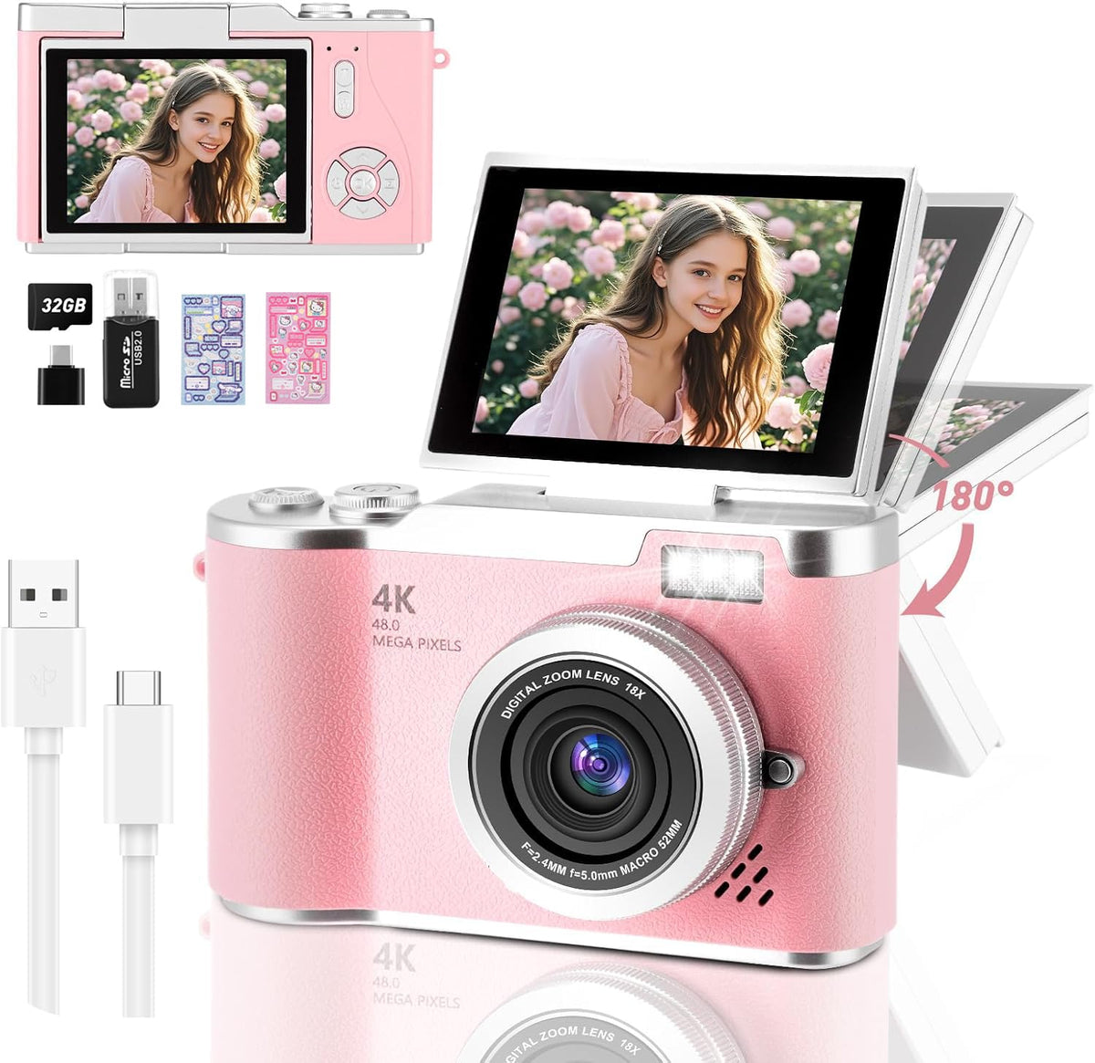 Cámara Digital 4K, Cámara Compacta HD 1080P 48MP，con Zoom de 8X, Enfoque Automático, Tarjeta de 32 GB, Pantalla Abatible de 2,4 Pulgadas,Adecuada para Estudiantes, Fotografía de Viajes y Vlogs (Rosa)