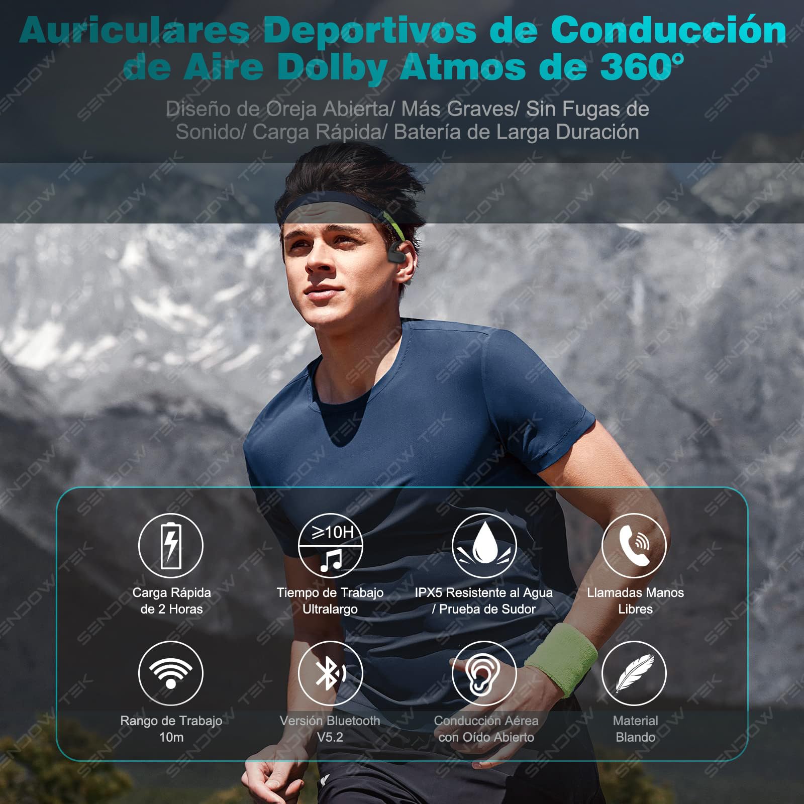 Sendowtek Auriculares de Conducción de Aire Inalámbricos Audífonos Inalámbricos Bluetooth 5.2 Auriculares Inalámbricos Impermeables IPX5 Open-Ear Headphones para Carrera, Deportes y Ejercicio (Negro)
