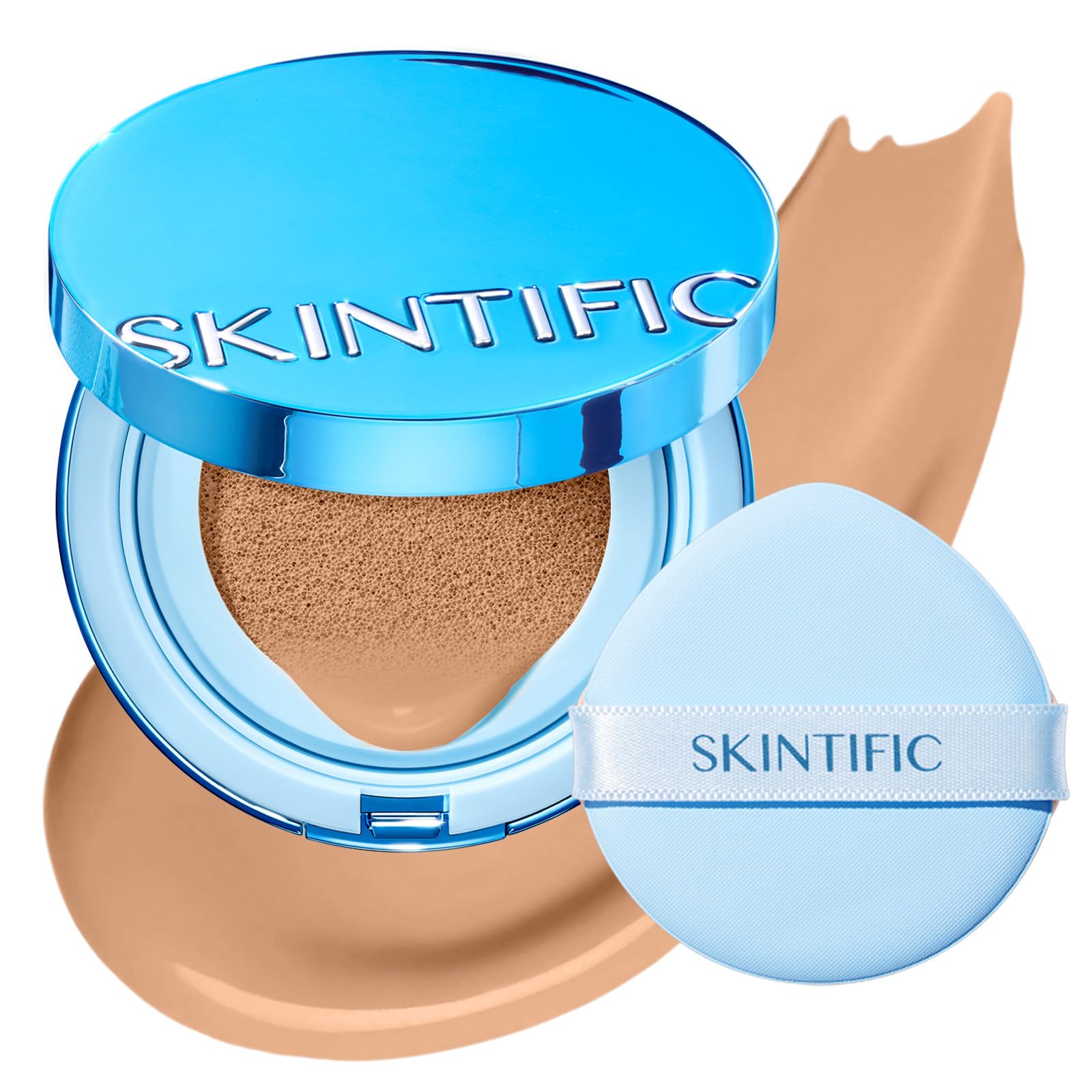 SKINTIFIC Base Cushion Velvet Matte, Polvo Ultra Cover Azul, Control de Grasa por 12 Horas, Ligera, de Larga Duración, Resistente al Agua, Maquillaje Coreano en Cushion, 04 Beige