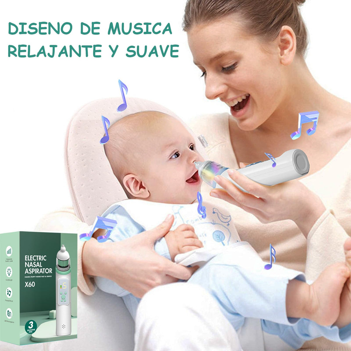 Limpiador Nasal Eléctrico, Extractor de Mocos para con carga USB, Succionador de mocos con 3 cabezales de silicona y espalda, 5 niveles de succión ajustable (Regular)