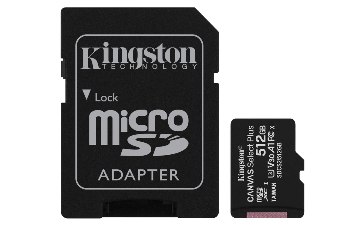Kingston MicroSDXC Select Plus 512GB (Con Adaptador a SD) Clase 10, UHS-I, U3, V30 Lectura: 100MB/s y Escritura: 85MB/s (SDCS2/512GB)