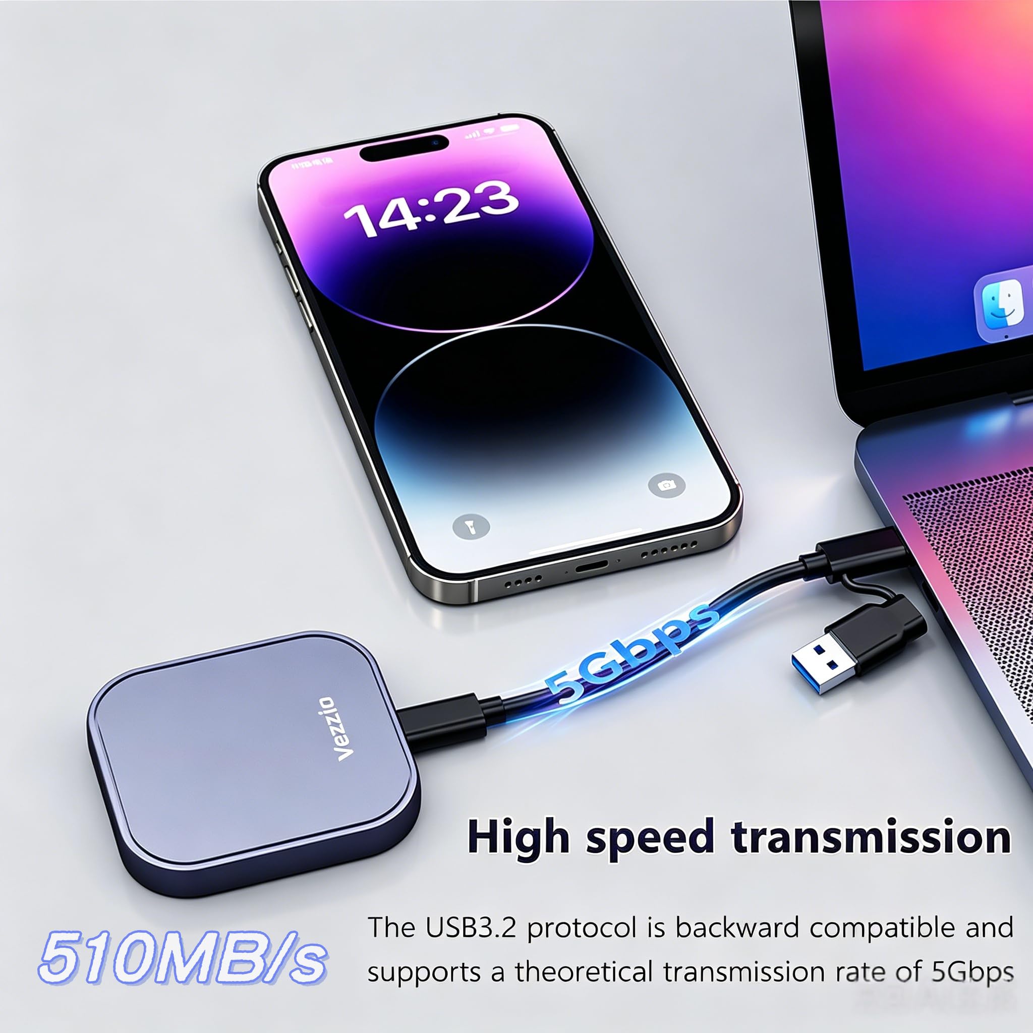 Vezzio SSD Externo de 512 GB, SSD portátil magnético con USB Tipo C 3.2 Gen 2x2 de hasta 510 MB/s, diseño de Carcasa de Aluminio, SSD portátil para iPhone 15/16/17.