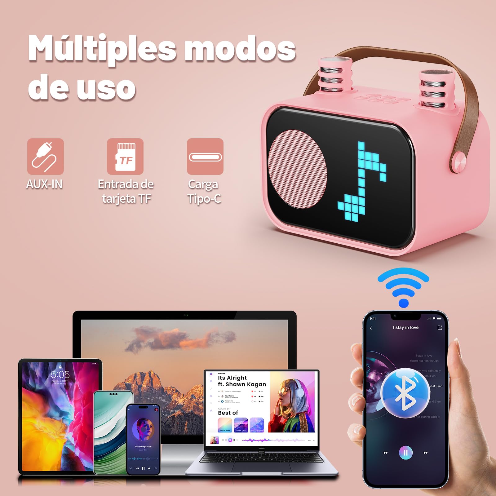 JYX D58 Máquina de Karaoke para Niños y Adultos, Mini Altavoz Portátil de Karaoke Bluetooth con 2 Micrófonos Inalámbricos (Rosa)