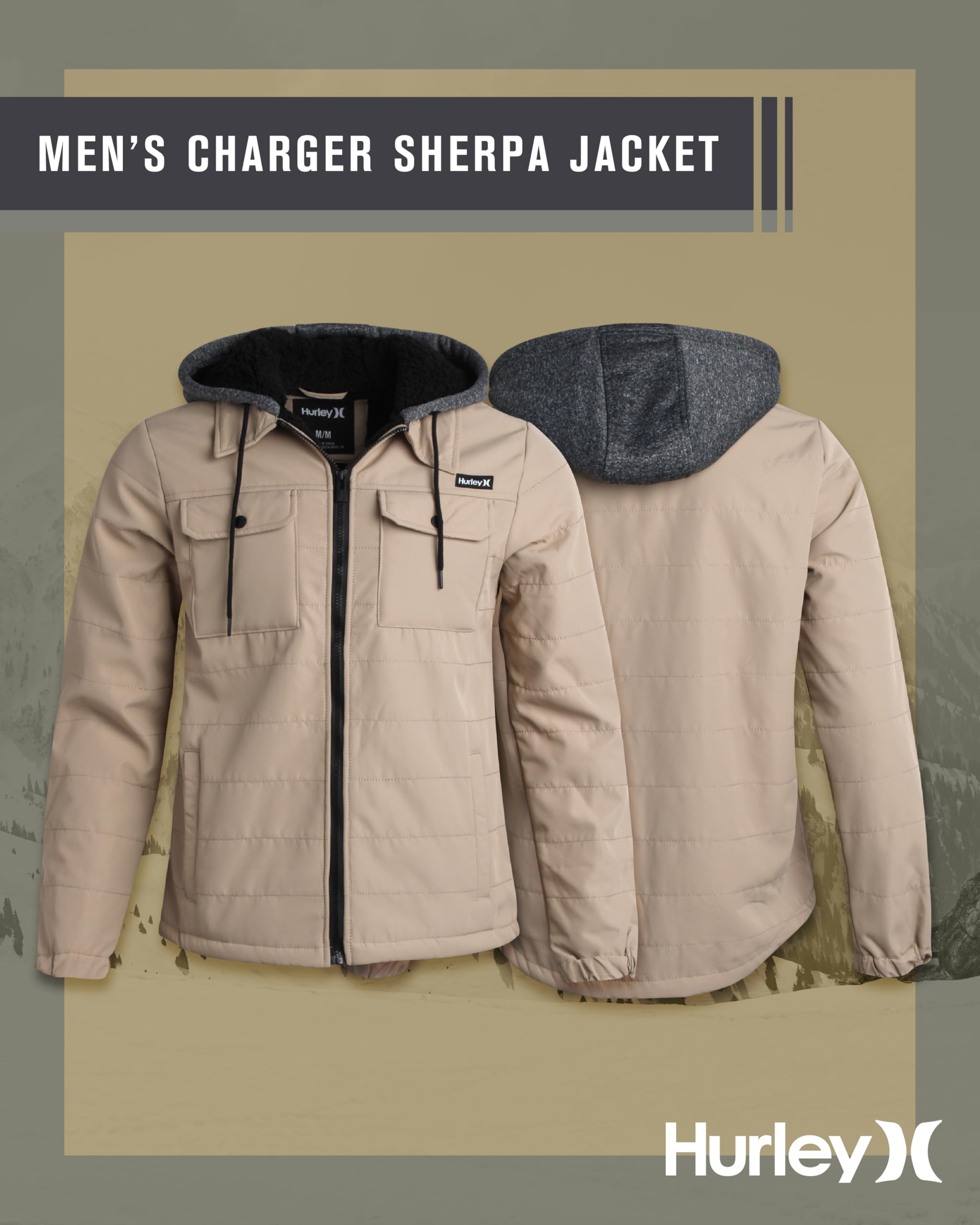 Hurley Voyager - chamarra de forro polar con aislamiento cálido con forro sherpa acogedor, chamarra ligera con capucha para hombre (S-XL), Caqui, M