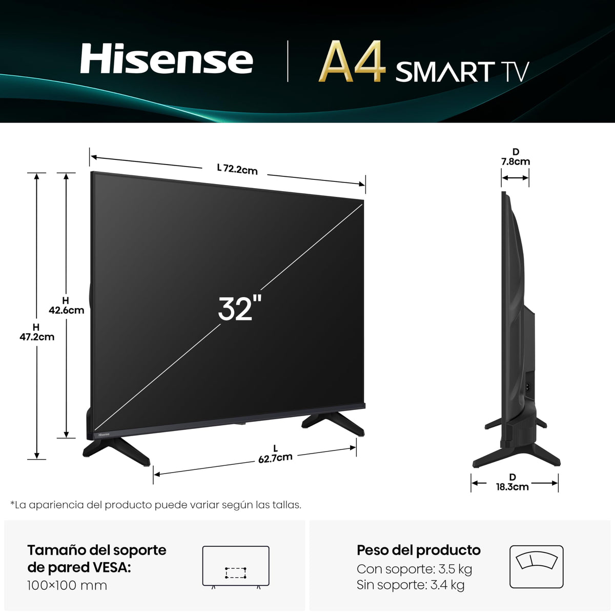 Hisense Television A4N(último Modelo) Pantalla 32 Pulgadas, Smart Vidaa TV HD,Modo de Juego,Dolby Audio,Comparte en tu TV,Noise Reduction