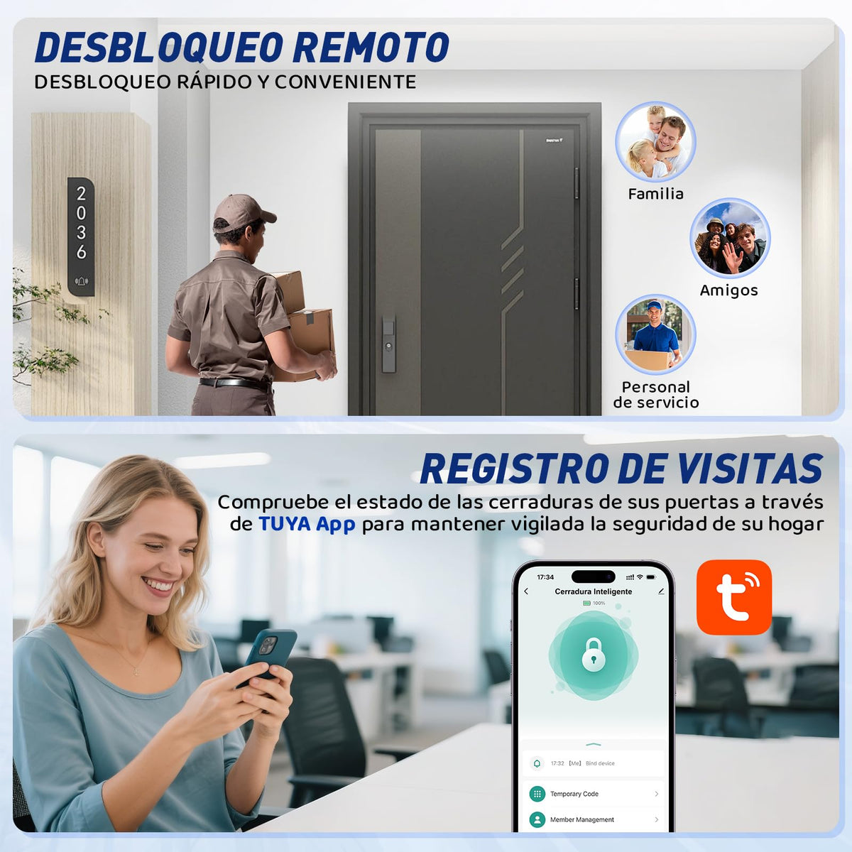 Cerradura Inteligente, Chapa Inteligente con Voz en Español, 5 Métodos de Apertura, Tuya APP, Huella Digital, Código, Llave Física, Tarjeta IC, Cerraduras Digital, para Hogar y Apartamento
