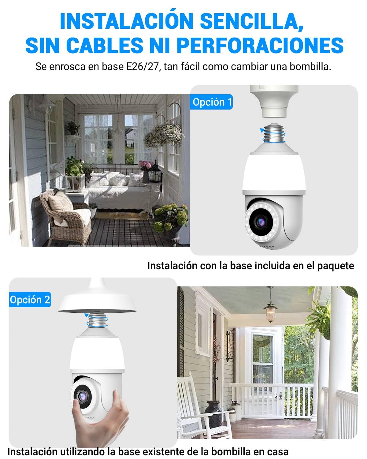 EASYTAO Cámara Foco WiFi 1080P, IP66 con Socket E27/E26, Bombilla Adicional