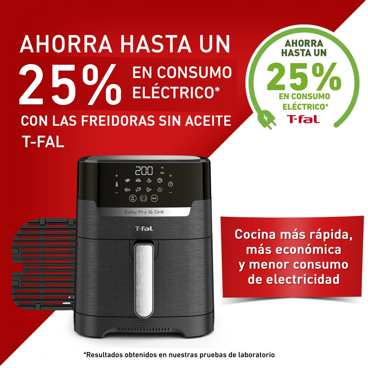 T-fal Freidora de Aire Digital Easy Fry & Grill, ¡La primera Freidora de Aire 2 en 1, con su función única de asar a la parrilla! Cuenta con 8 menús automáticos. Capacidad 4.2 L,EY505850