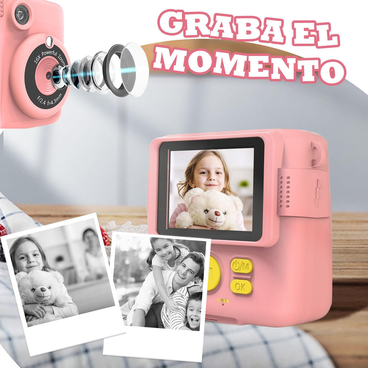 AWCBBT Cámara Instantánea para Niños de 1080P,Camara Fotografica Instanea,Camara Infantiles para Niñas con Tarjeta SD de 32 GB y 5 Vols Papel de Impresión,Cordón de Mano,Cable de Datos USBC(Rosa)