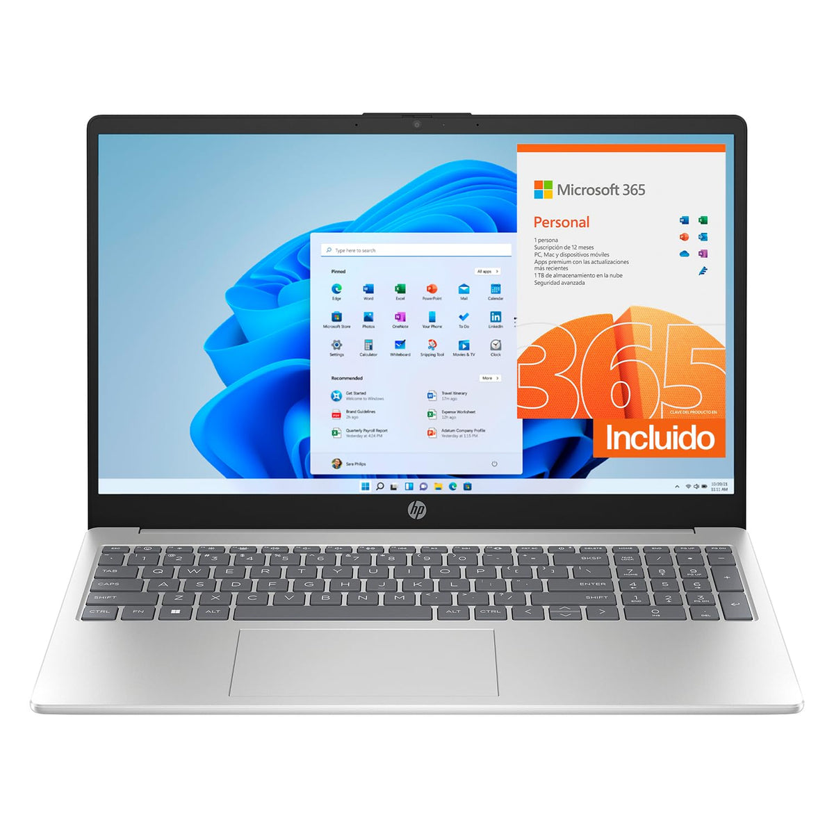 HP Laptop 15-fc0080la, AMD Ryzen 7, 16 GB, 512 GB SSD, 15.6, HD, Windows 11 Home, Teclado en Español, Garantía México, Plateado | Microsoft 365 Personal 12 Meses + Curso Multilenguajes