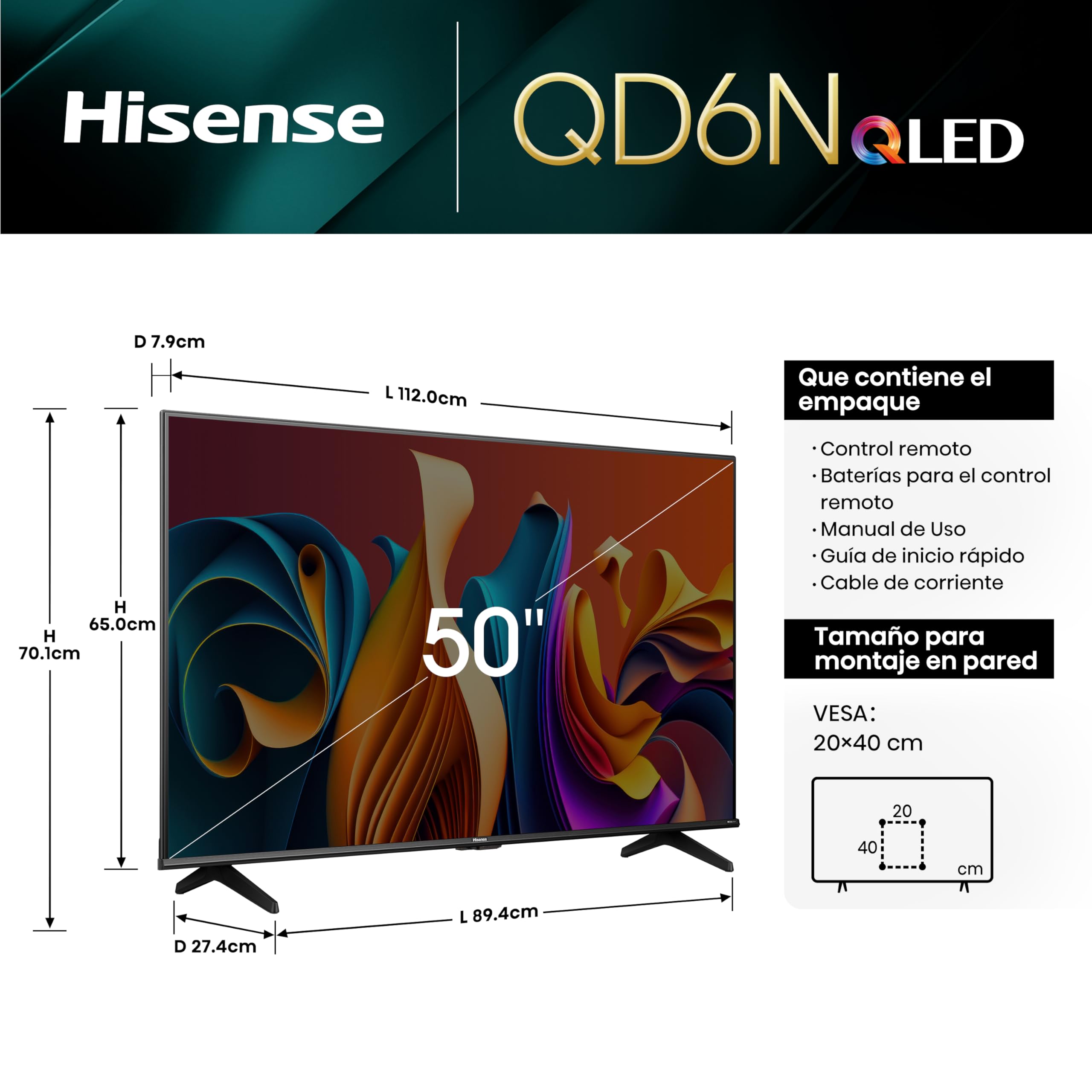 Hisense Television QD6N Pantalla 50 Pulgadas,QLED Smart Google TV UHD 4K,Control Remoto por Voz con Alexa,Dolby Vision Atmos, Modo de Juego Plus, Control de Voz,Compartir con TV