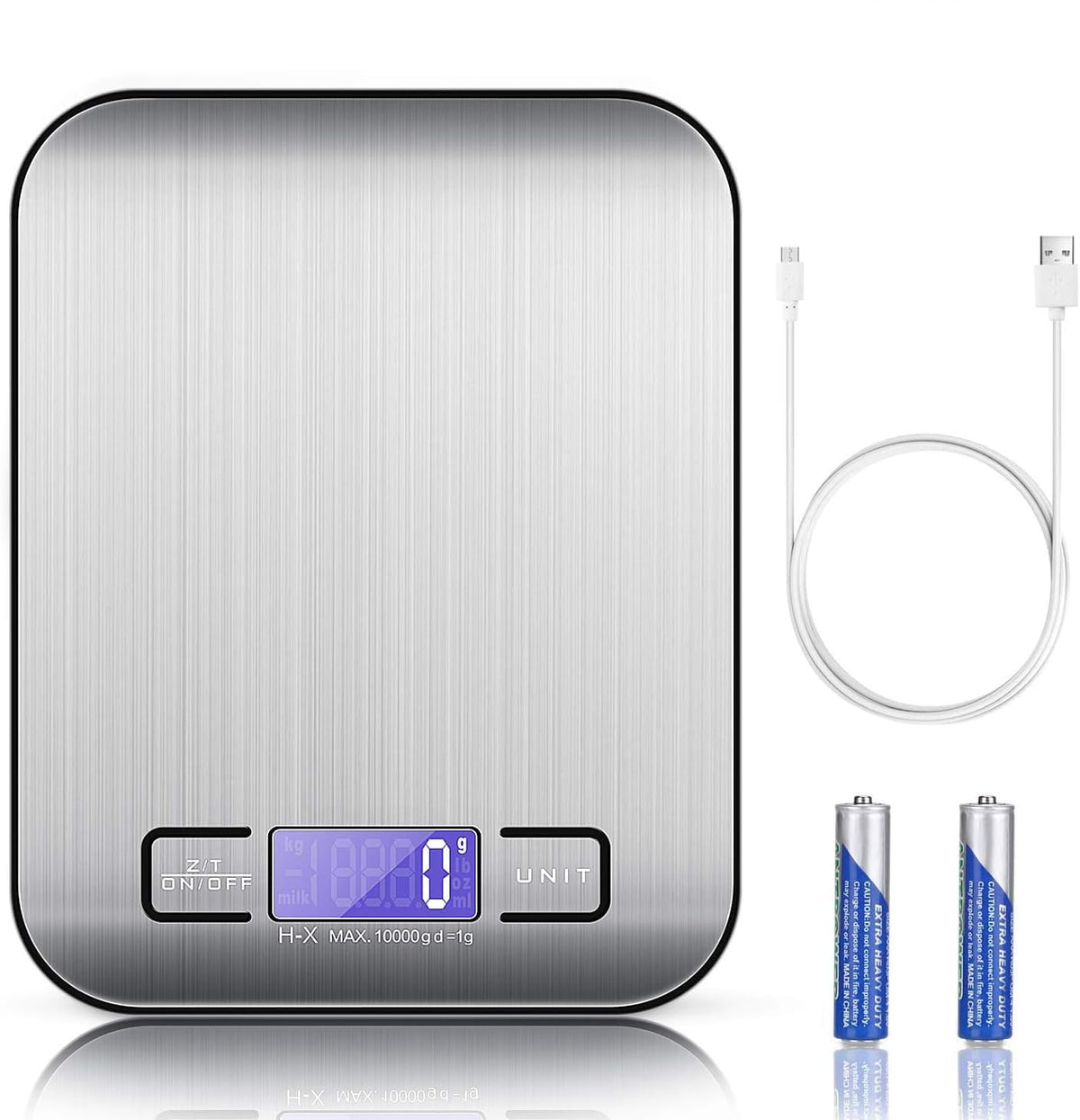 TBONEEY Báscula Cocina Digital USB Recargable, Bascula Precision Cocina 10kg/1g Peso de Cocina Digital, Balanza de Alimentos Acero Inoxidable con Pantalla LCD, Función de Tara (Baterias Incluidas)