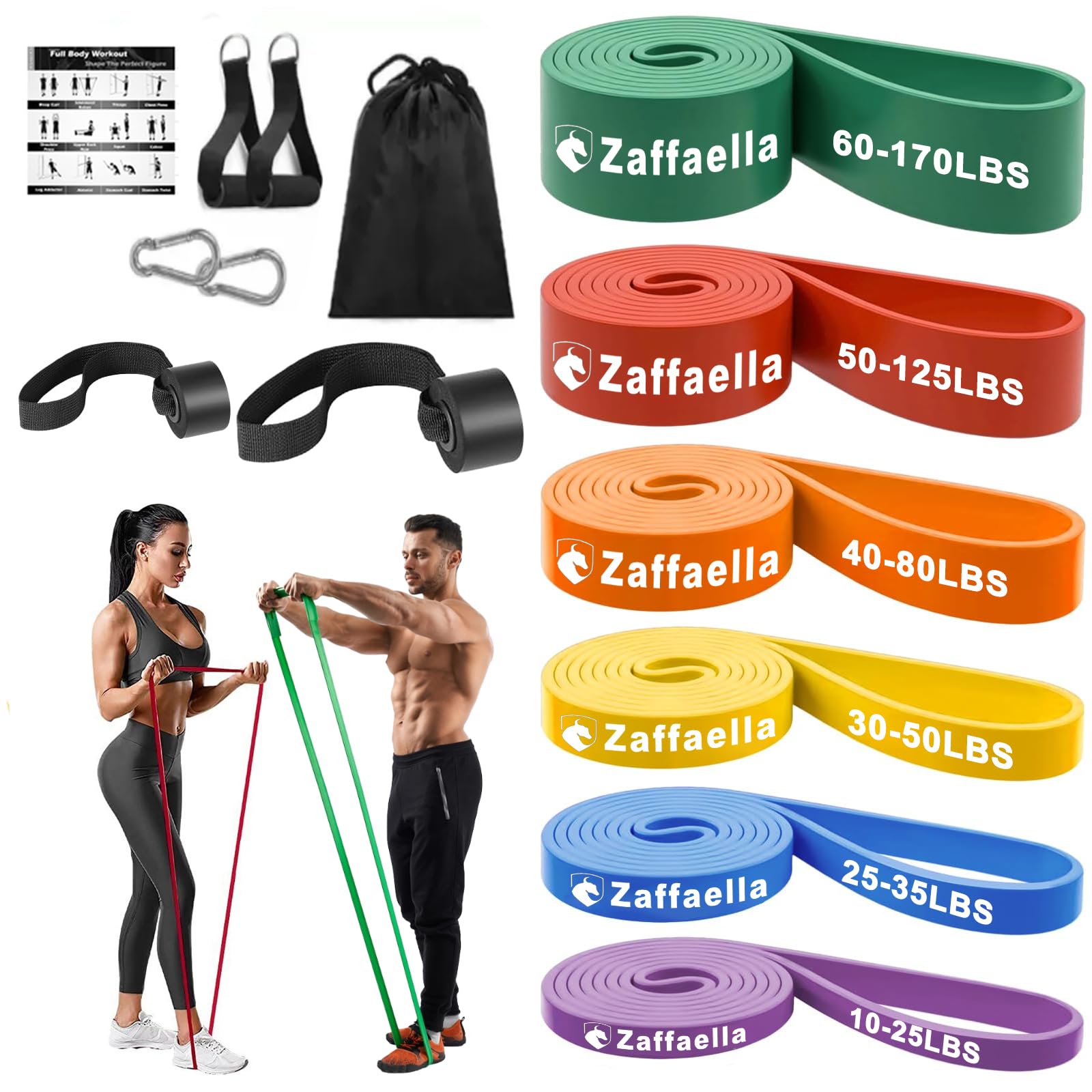 Zaffaella Bandas de Resistencia 13 PCS,Ligas de Resistencia para Ejercicio, Fuerte Bandas Elásticas para Pull Up & Crossfit - con 2 Ancla de Puerta, 2 Manijas, 2 Ganchos y Bolsa, Gimnasio (6 Colores)
