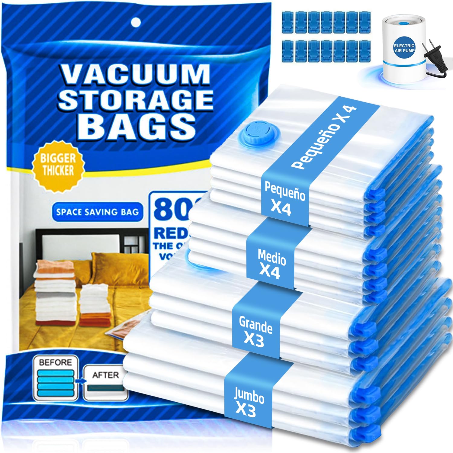 Bolsa de Almacenamiento de Compresión Al Vacío con Bomba Eléctrica de Aire, 14 Bolsas de Almacenamiento al Vacío Reutilizables, Para Guardar Edredones,Ropa,Cobertores,Almohadas