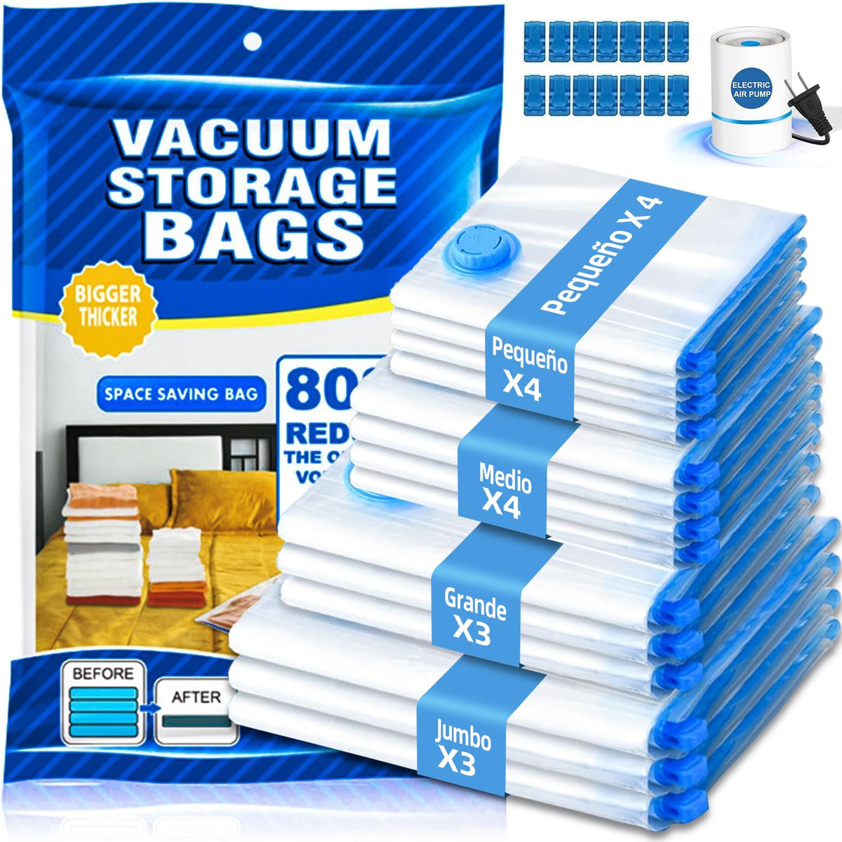 Bolsa de Almacenamiento de Compresión Al Vacío con Bomba Eléctrica de Aire, 14 Bolsas de Almacenamiento al Vacío Reutilizables, Para Guardar Edredones,Ropa,Cobertores,Almohadas