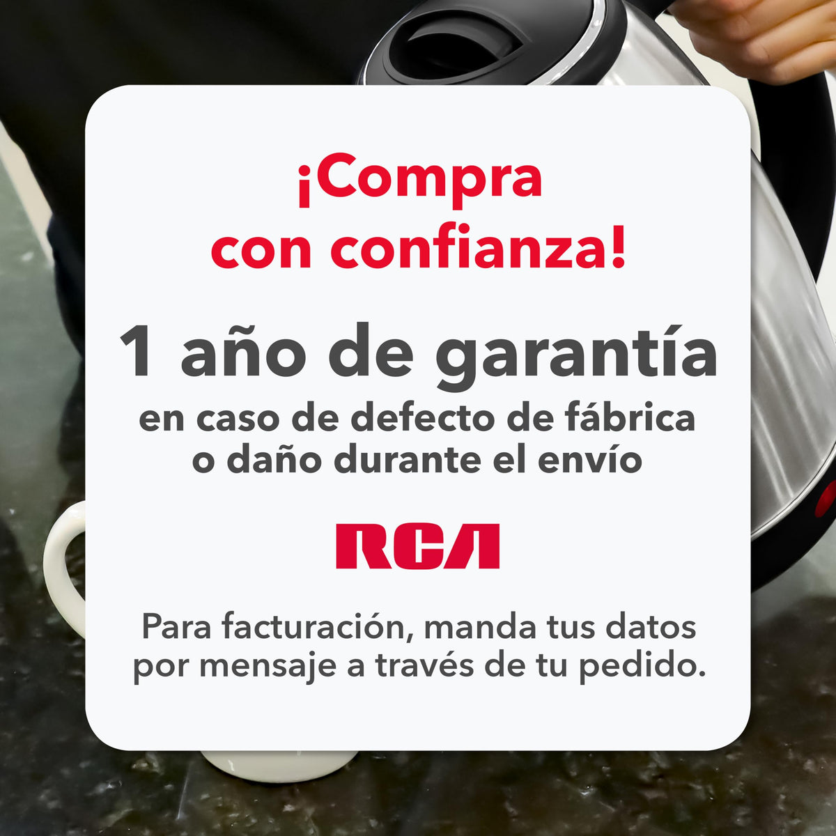 RCA Tetera Eléctrica RC-180GB01 de Acero Inoxidable, Capacidad de 1.8 Litros, Luz LED, Base Giratoria, Apagado Automático y Protección Contra Ebullición, Ideal para Té y Café, Diseño Elegante.