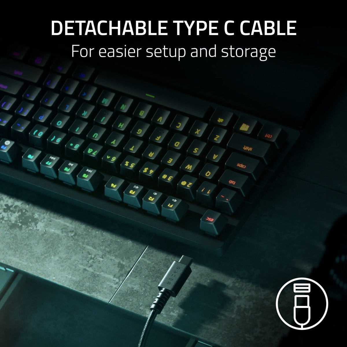 Razer Huntsman V2 TKL Teclado para juegos sin teclas: interruptores ópticos lineales rápidos Gen2 y frecuencia de sondeo de 8000Hz - Cable desmontable tipo C - Teclas PBT - Reposamuñecas ergonómico -
