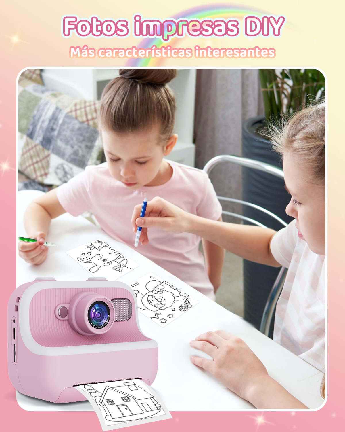 PTHTECHUS® cámara para niños de impresión instantánea con Tarjeta SD de 32 GB y Papel de impresión, cámara Digital de Selfie, Regalo de Juguetes para niños pequeños para niñas de 3 a 15 años (Rosa)