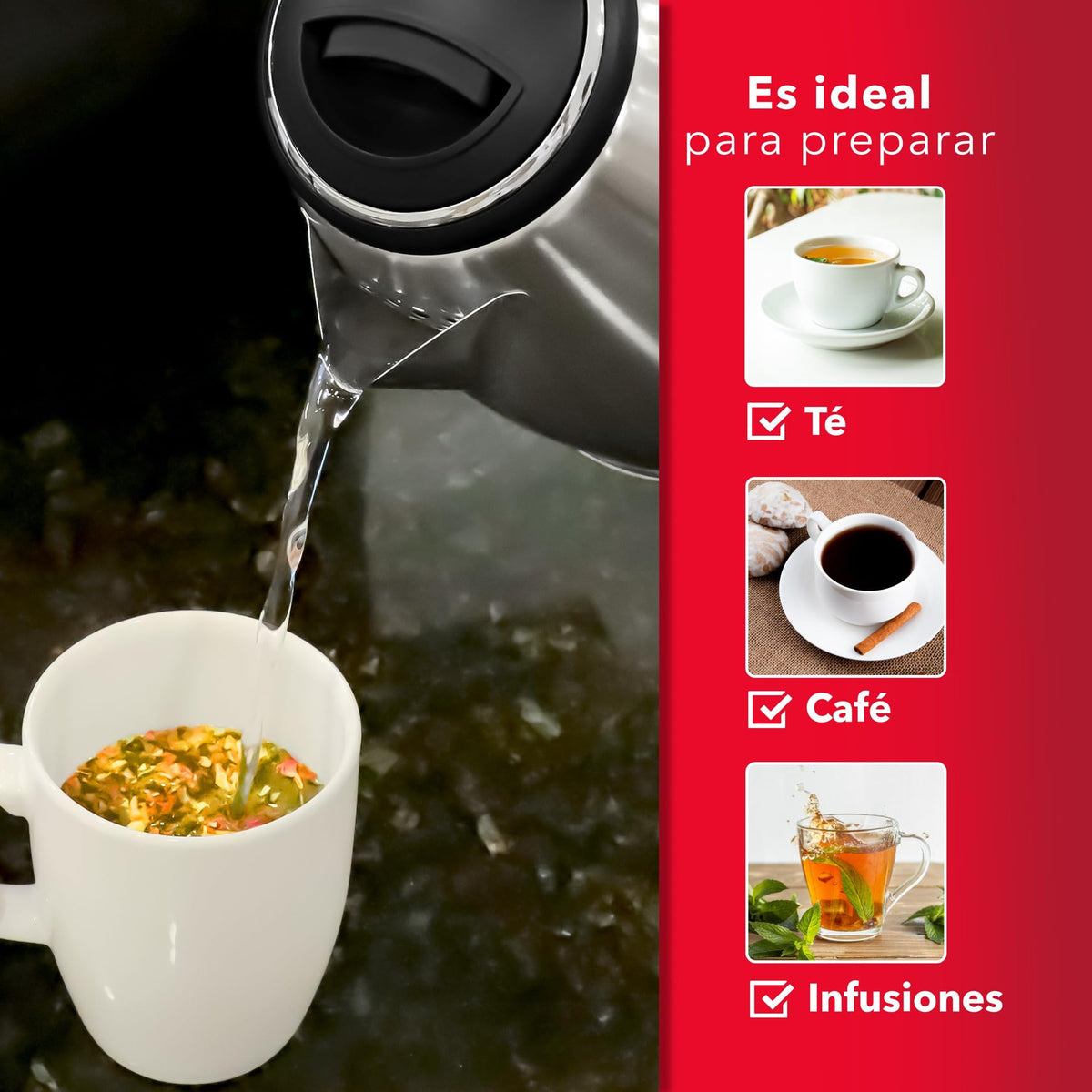 RCA Tetera Eléctrica RC-180GB01 de Acero Inoxidable, Capacidad de 1.8 Litros, Luz LED, Base Giratoria, Apagado Automático y Protección Contra Ebullición, Ideal para Té y Café, Diseño Elegante.
