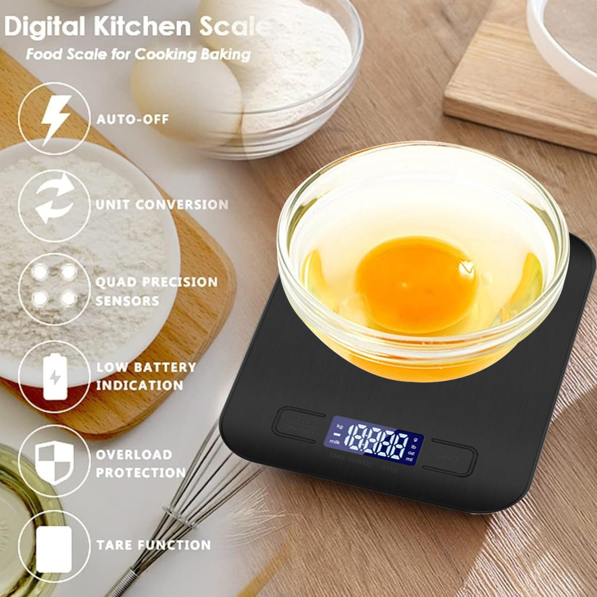 ZENSUKYE 10kg/1g Báscula de Cocina Peso Cocina Digital USB Recargable Balanza de Alimentos de Alta Precisión con Pantalla LCD y Funcion Tara