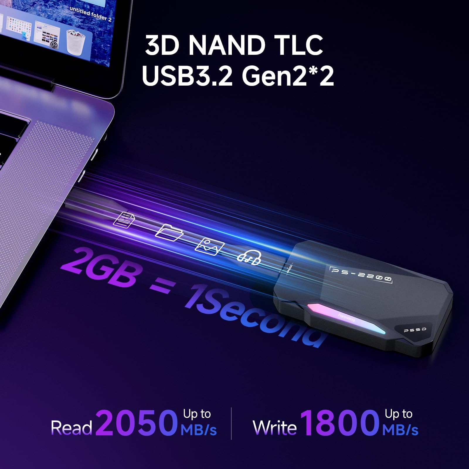 SSD Portátil Magnético 1TB, 2050MB/s, SSD Externo USB 3.2 Gen 2x2, Grabación y Almacenamiento 4K ProRes, Aleación de Aluminio, Iluminación RGB Táctil, para iPhone 15/16/17, Android, PC y Mac, PS2200