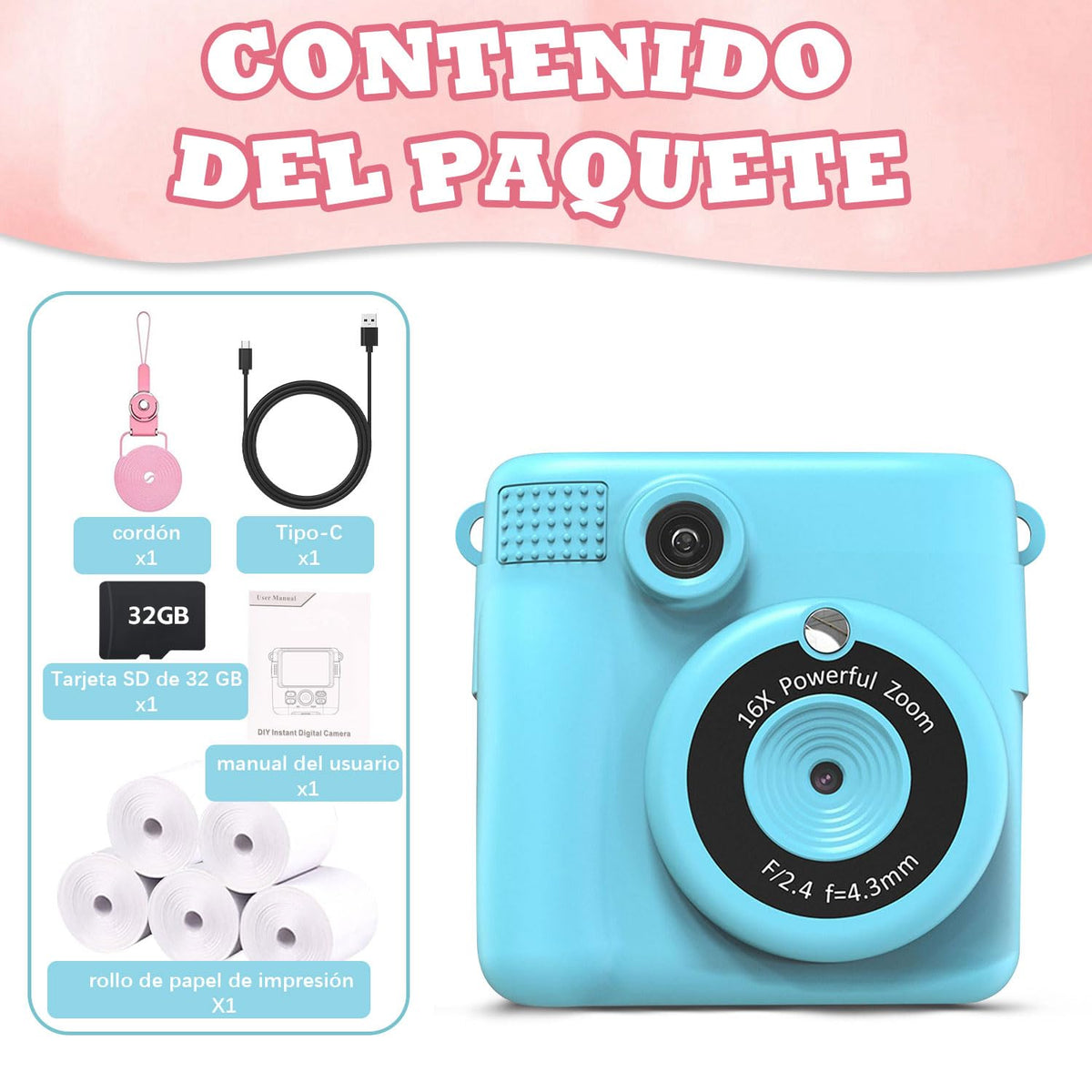 AWCBBT Cámara Instantánea para Niños de 1080P,Camara Fotografica Instanea,Camara Infantiles para Niñas con Tarjeta SD de 32 GB y 5 Vols Papel de Impresión,Cordón de Mano,Cable de Datos USBC(Azul)