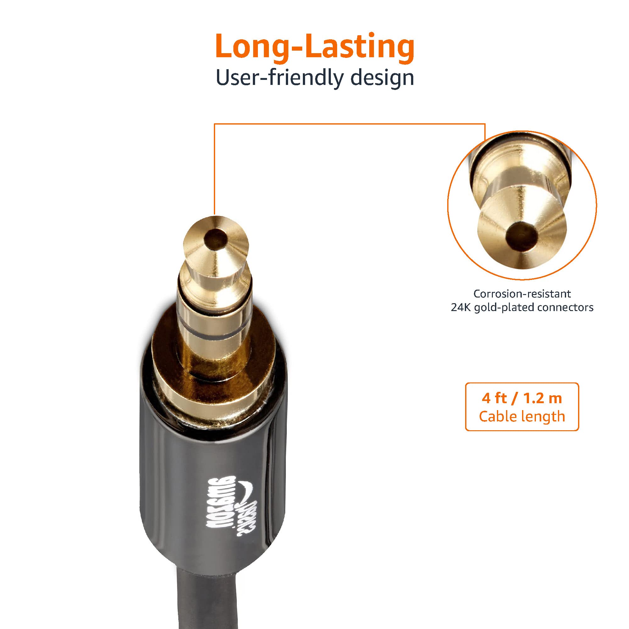 Amazon Basics - Cable auxiliar de audio estéreo macho a macho de 3,5 mm, 4 pies, 1,2 metros, paquete de 2