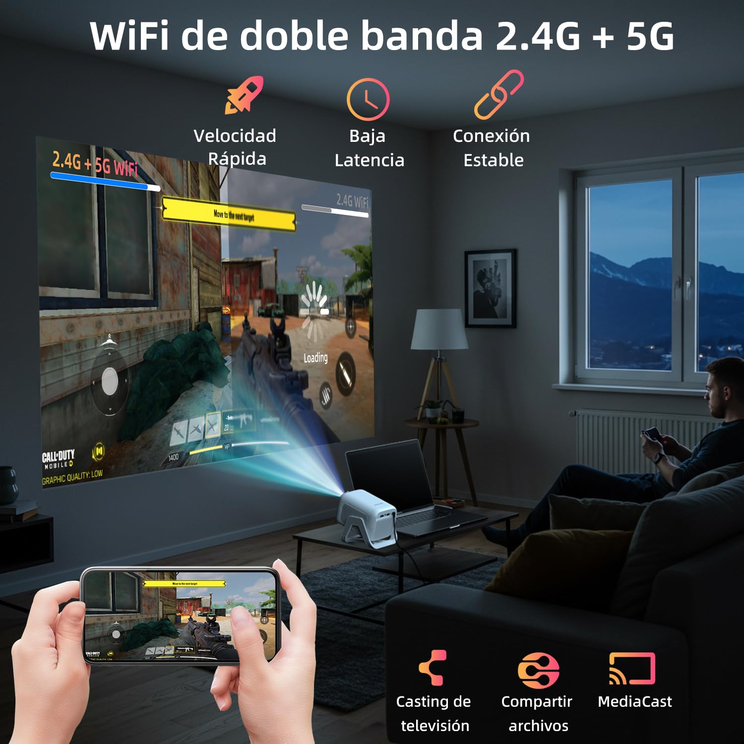 Bettdow Compatible Netflix Licencia Mini Proyector con WiFi y Bluetooth 5.2,Android 13 Proyector Portátil 1080P con Soporte 4K,Auto Keystone,Control Vocal,Netflix/Youtube/Prime Video/D+ Integrado