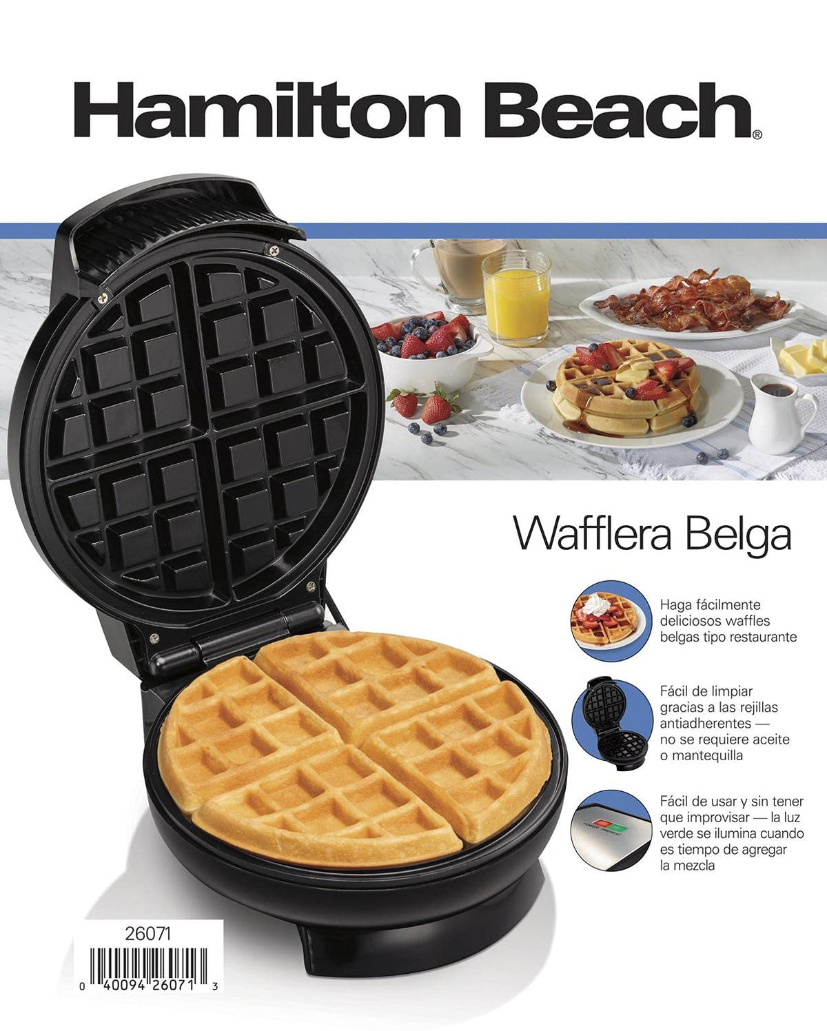 Hamilton Beach 26071 Wafflera Eléctrica Modelo Belga, Chica, Negro