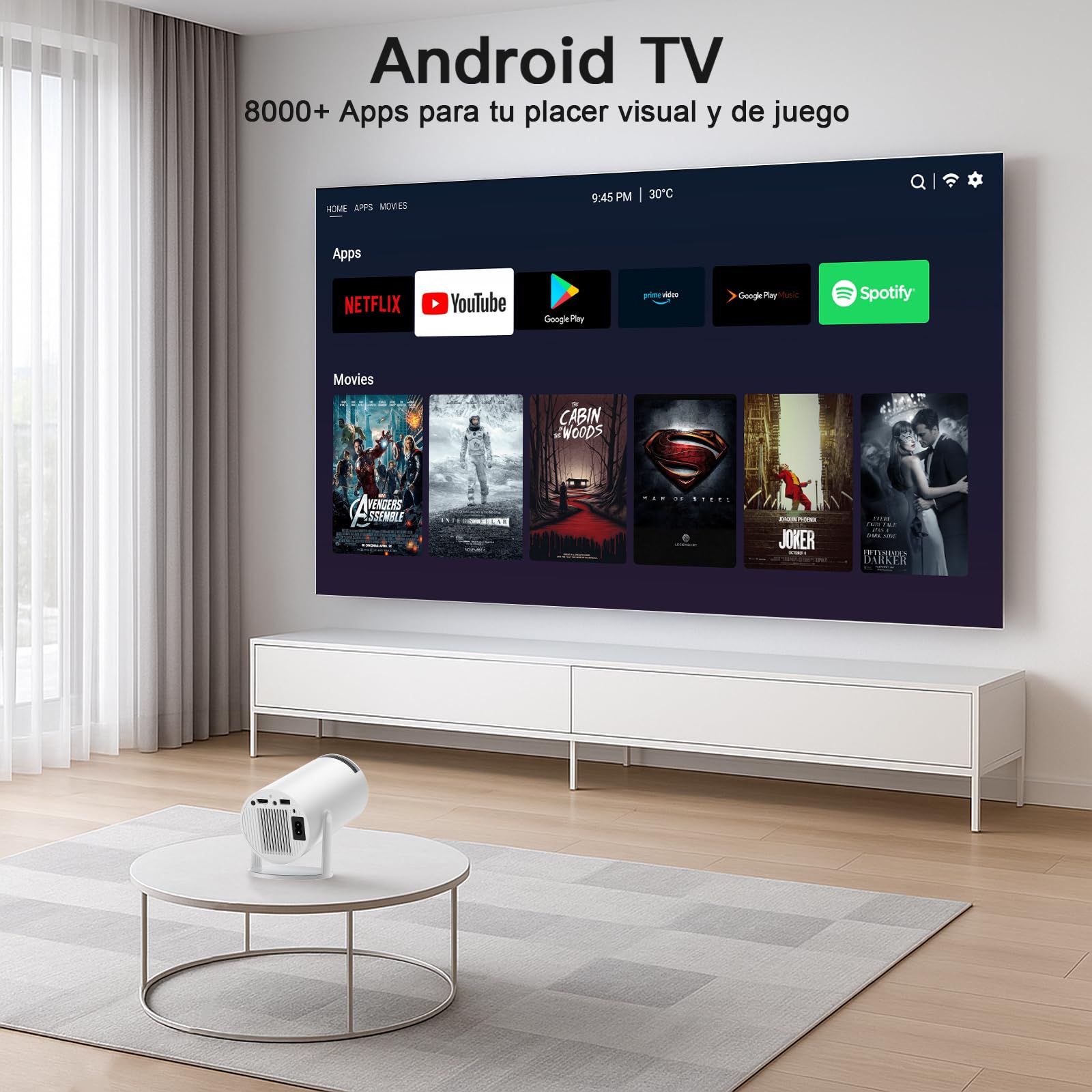 Proyector 4k, Mini Proyector Portatil con Android, Proyectores Inteligente 250 ANSI con WiFi 6 y BT 5.4, Auto Keystone, Pantalla de 200", Giro de 270°, Compatible con HDMI/iOS/Phone/PC/PS【HY300 PRO】