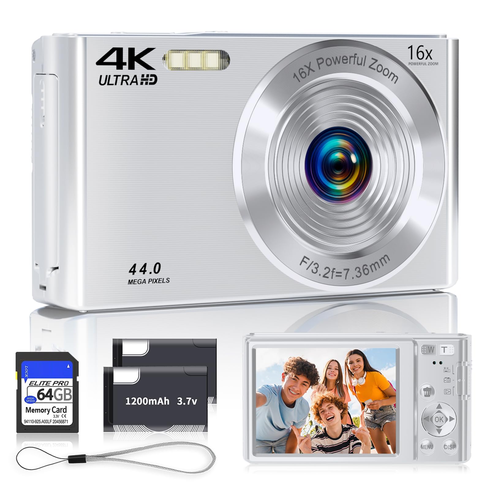 Cámara digital, SMARTKLIK 2026 4K Cámaras digitales con enfoque automático para adolescentes, cámara plateada de punto y disparar para niños con zoom 16X, tarjeta SD de 64GB, compacta y pequeña para