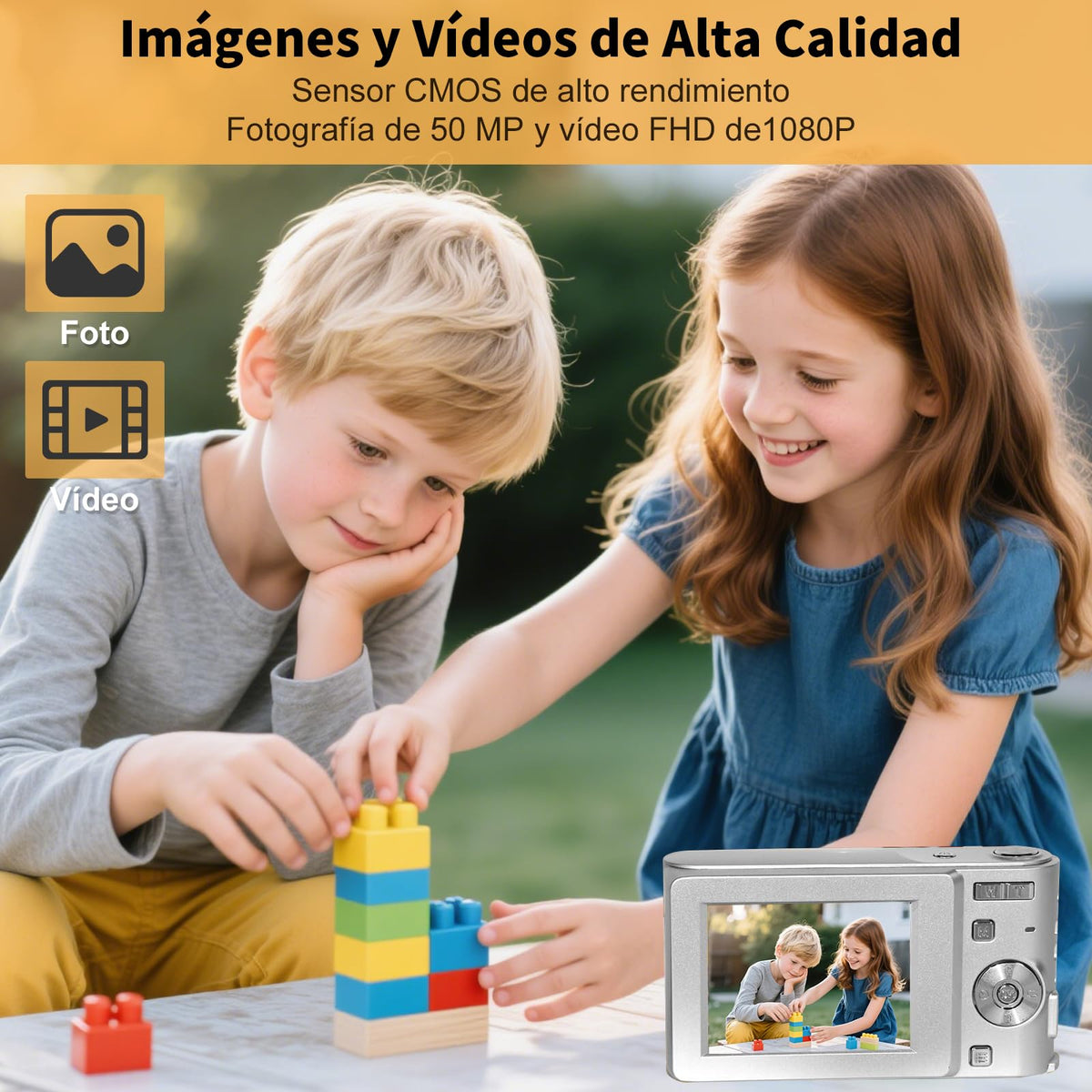 SUWENIC Cámara Digital, Camaras Fotografíacas, Digital Camara Vintage HD 1080P 50MP, Cámara de Video con Tarjeta 64GB, Enfoque Automático con Zoom 16X, 2.5'' Mini Camara para Niños y Niñas Plateado