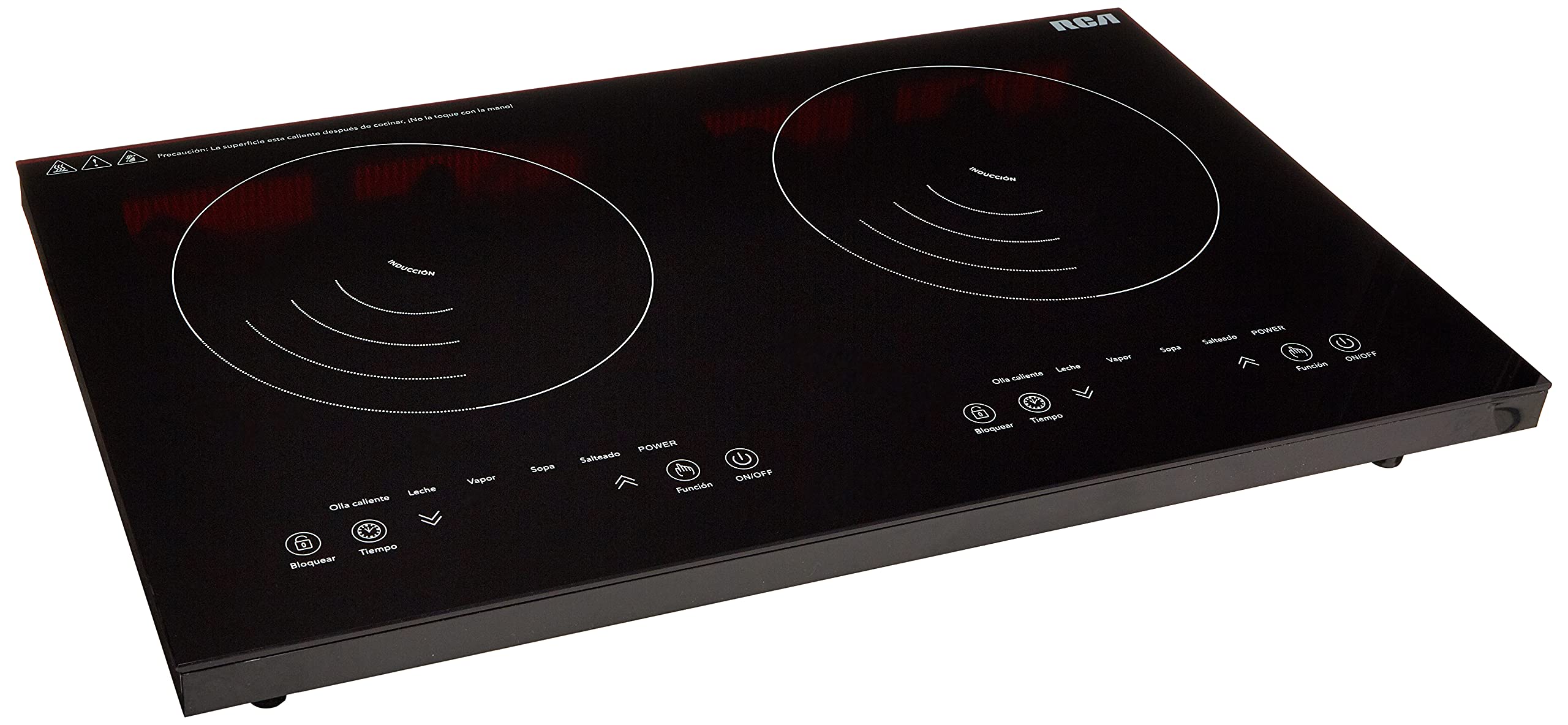 RCA Parrilla de Inducción Doble Quemador RC-12A4, Diseño Moderno y Elegante de Cristal Templado Negro, Controles Táctiles, Seguridad Avanzada, Bloqueo para Niños, Compacta y Potente, Fácil Limpieza.