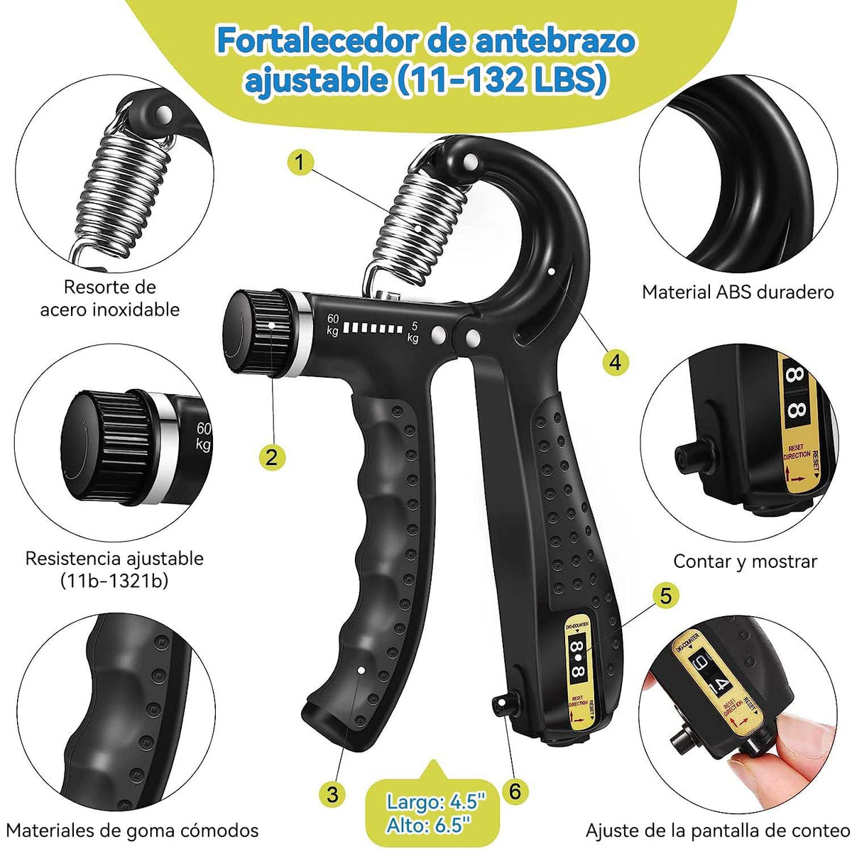Fortalecedor de Agarre, 5 en 1 Ejercitador de Mano con Fortalecedor de Agarre de Mano,Pelota Antiestrés y Anillo de Entrenamiento de Antebrazo Para la recuperación y el fortalecimiento de las articulaciones de los dedos (Pack de 5)