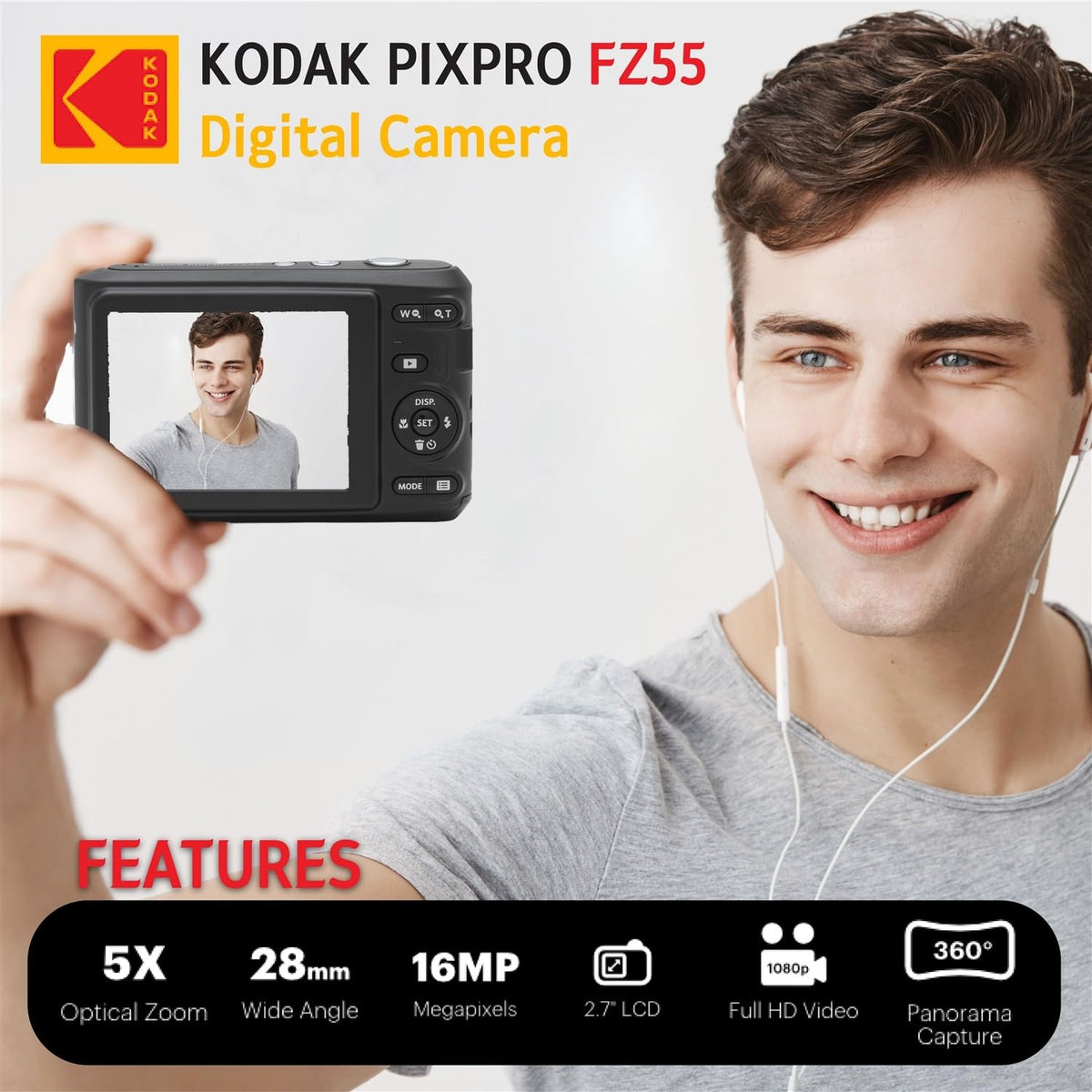 KODAK PIXPRO FZ55 Cámara digital compacta de 16 MP, zoom óptico 5x, gran angular de 28 mm, video Full HD 1080P, paquete con tarjeta SD de 32 GB, funda protectora y lector de tarjetas de alta velocidad
