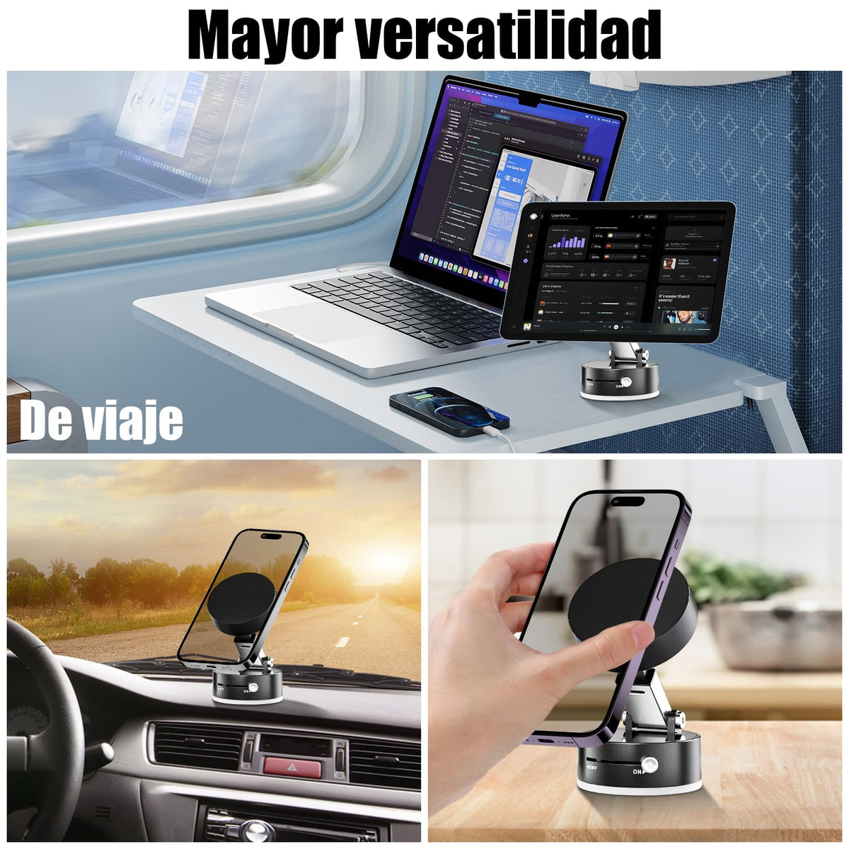 LONGLIV Soporte de Teléfono para Coche,Soporte de Teléfono Magnético al Vacío,Portátil Plegable,Retráctil y con Rotación de 360 Grados,Compatible con Todos los Teléfonos Móviles