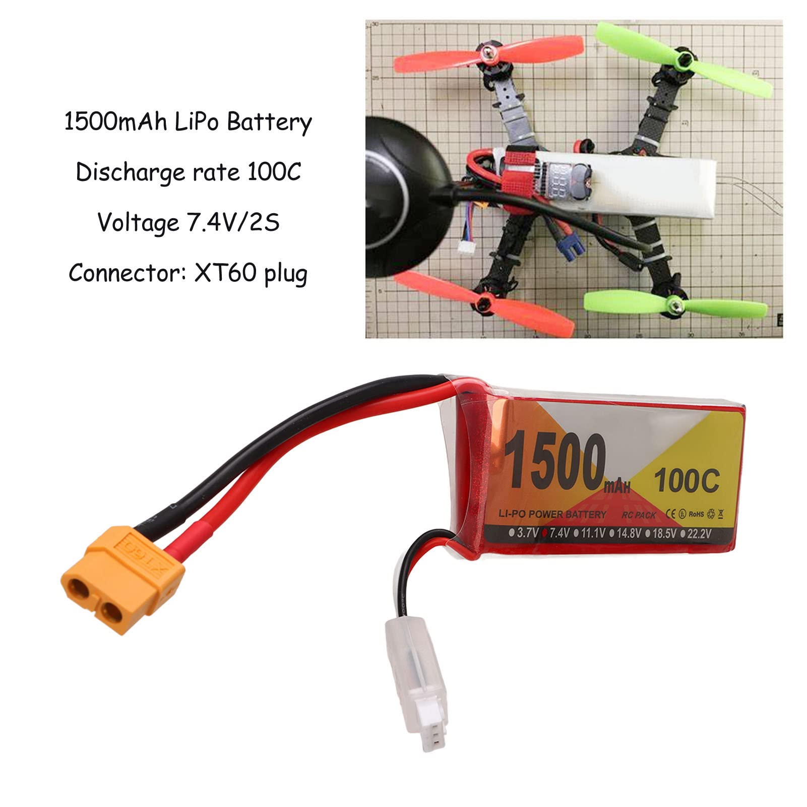 Batería Lipo, 7.4V 1500mAh 100C 2S RC Estuche Rígido de Batería con Enchufe XT60 para RC Vehículos Coche Barco Camión