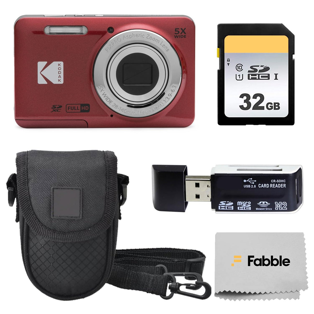KODAK PIXPRO FZ55 Cámara digital compacta de 16 MP, zoom óptico 5x, gran angular de 28 mm, video Full HD 1080P, paquete con tarjeta SD de 32 GB, funda protectora y lector de tarjetas de alta velocidad